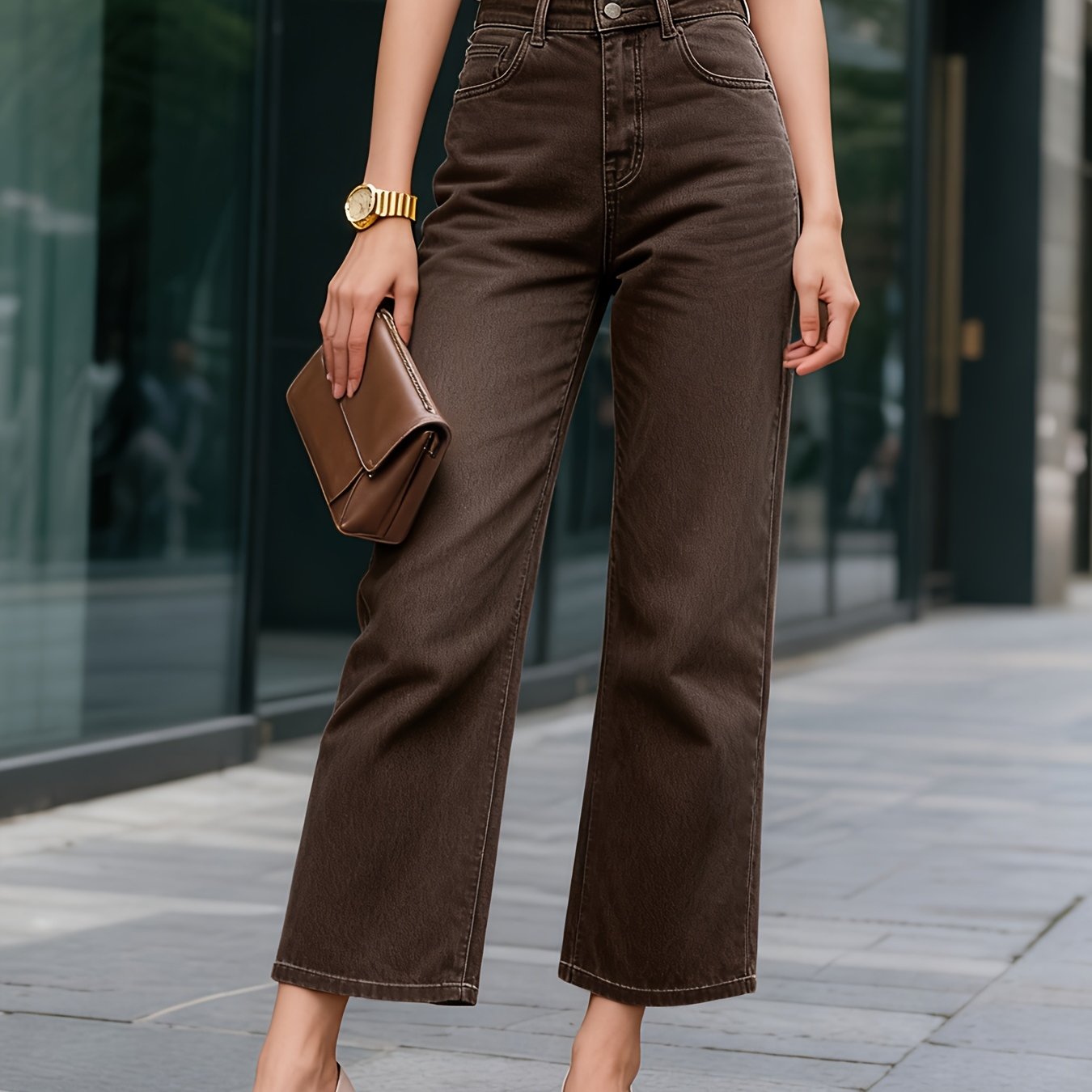 Image of Women's New Relaxed--colored 9-inch Stretch Jeans, Featuring A Solid High-waisted Design With Cinched Details And Pockets, Soft And Comfy Wide-leg Style, Perfect For Work, Travel, And