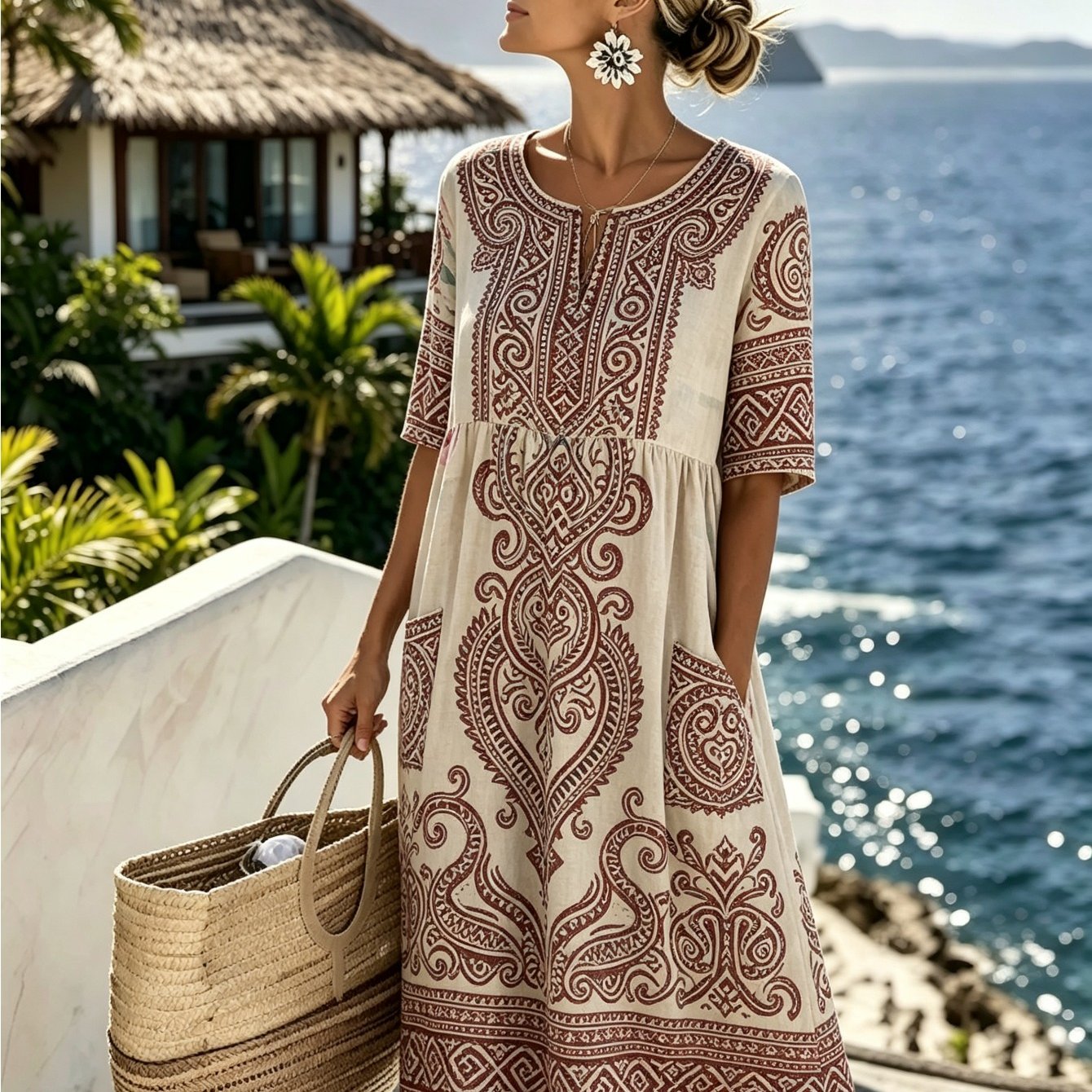 Women's Bohemian Print Mid-length Dress - Round Neck With Half Sleeves And Pockets, Casual Loose Summer Dress, Suitable For Vacation, Beach, And Everyday Wear