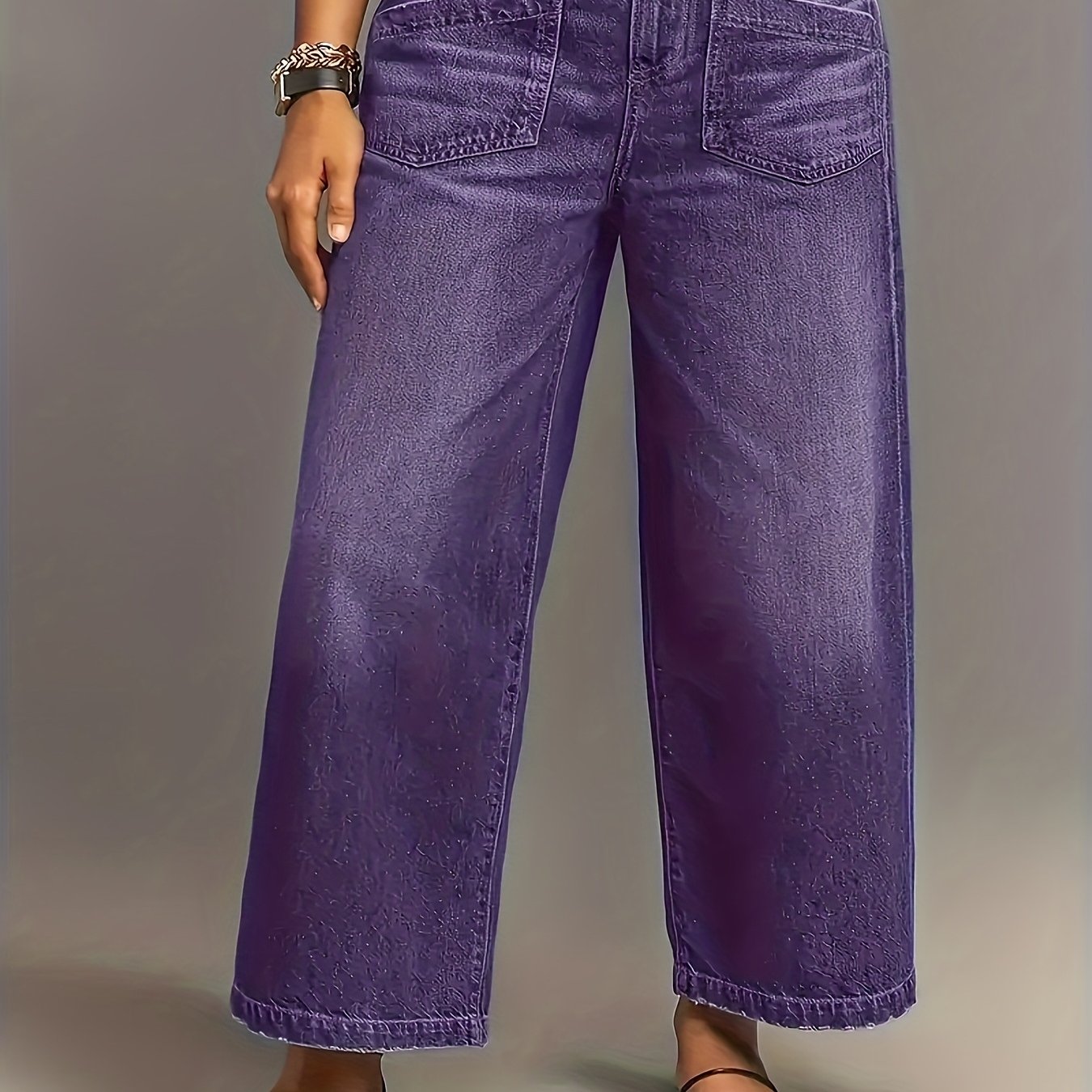 TEMU 1pc Women's Plus-size Wide-leg Stretch Denim Jeans - Oversized Loose-fit Heavy-duty Washed Pants With Belt Loops & Zipper Closure, Multi-pocket