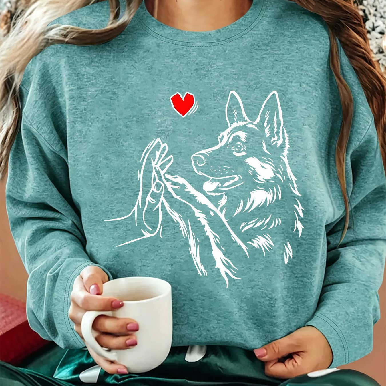 TEMU 2026 Women's Refreshed Collection: Autumn/winter Apparel - German Shepherd High- With Print Crew Neck Long Sleeve T-shirt. Worn As A Base Layer