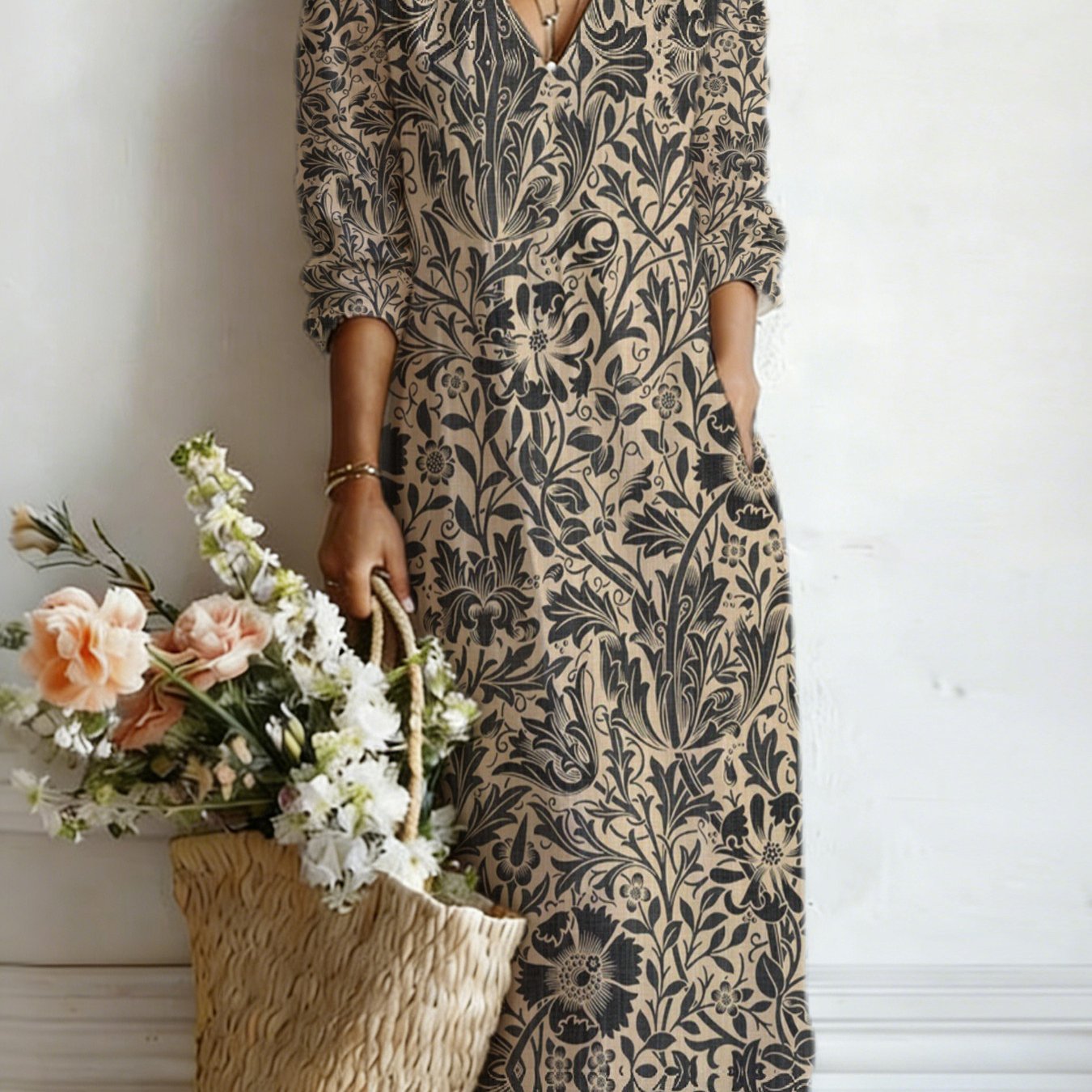 Image of Plus Size, Women's Plus Size Vintage Distressed Branch Leaf Print Maxi Dress - V-neck -quarter Sleeve Dress Suitable For Summer, Casual Long Dress With Pockets, Machine Washable Style Dress