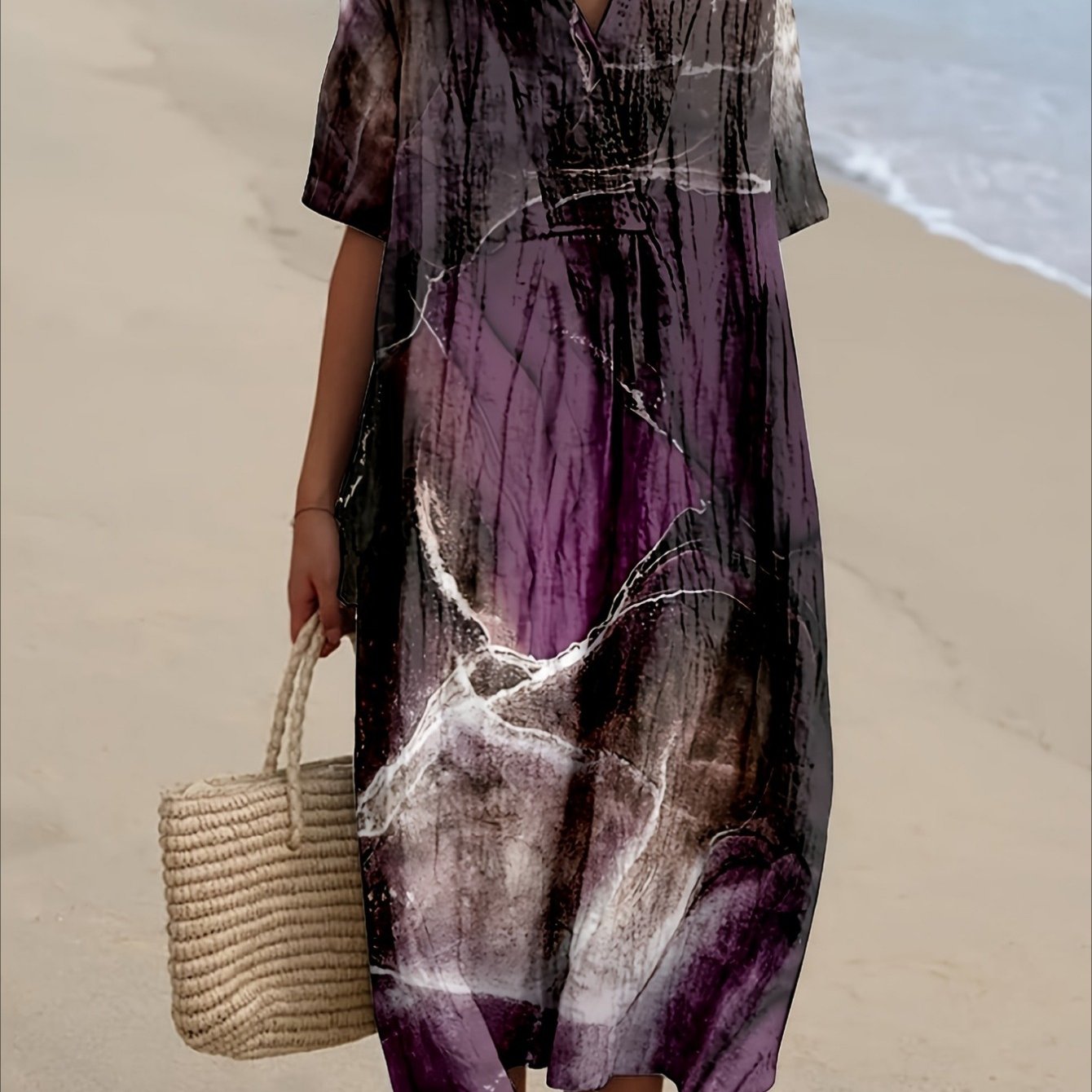 Image of Plus Size, Large Size Women's Medium And Long Skirt A-shaped Skirt Vacation Leisure Wave Ripple Printing Going Out On The Beach Loose V-neck Long-sleeved Spring, Summer And Autumn Clothing