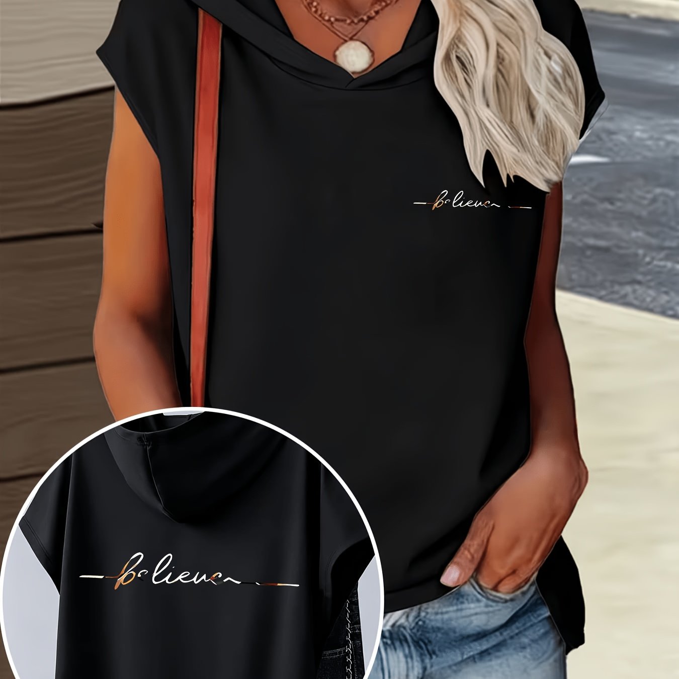 TEMU 1pc Hooded T-shirt With Simple Letter Print Design, Loose And , New Summer Y2k Style Women's Casual Swear, Elegant, Fashionable, And Comfortable