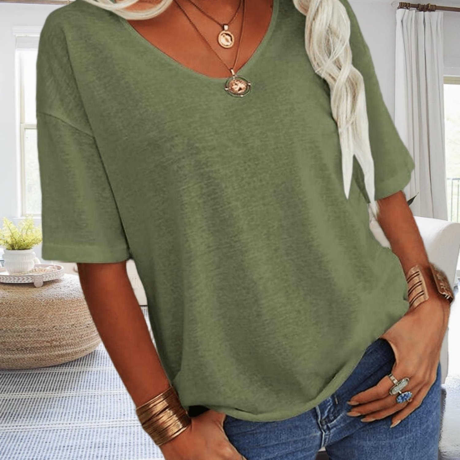 Women's Oversized V-neck Half Sleeve Solid Color Basic Loose Casual T-shirt