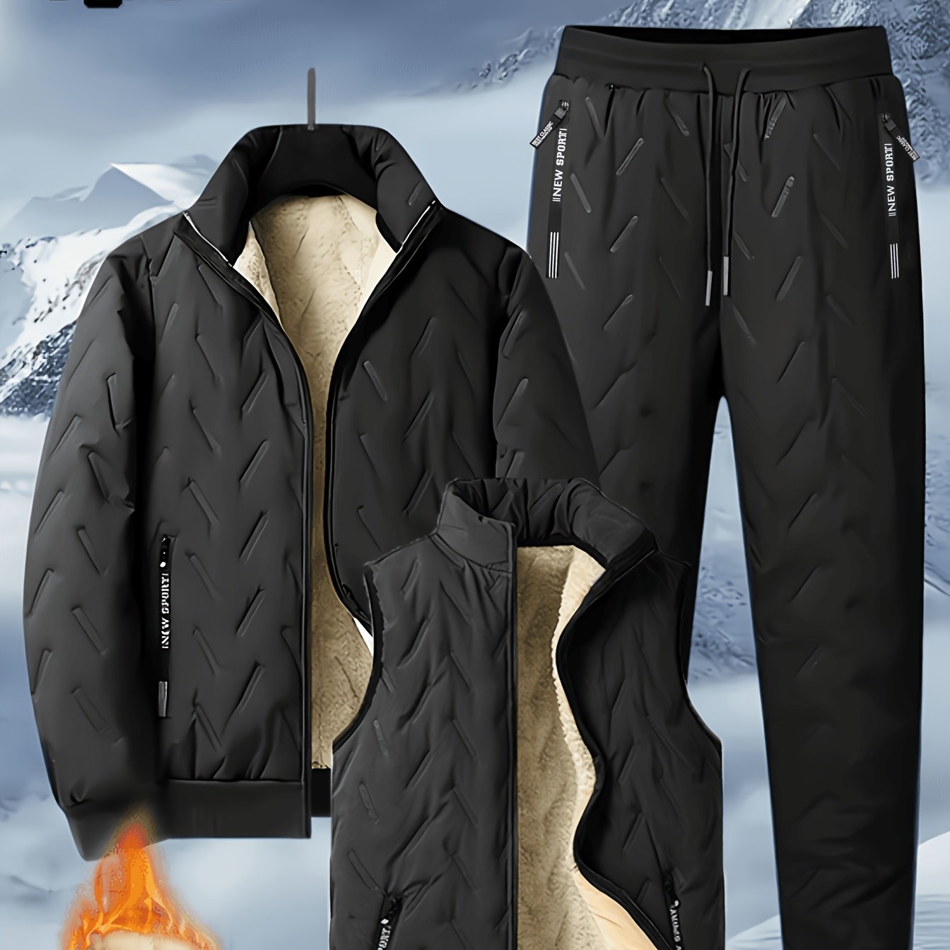 Men's Winter Fleece Thickened 3pcs Set, Jacket and Trousers