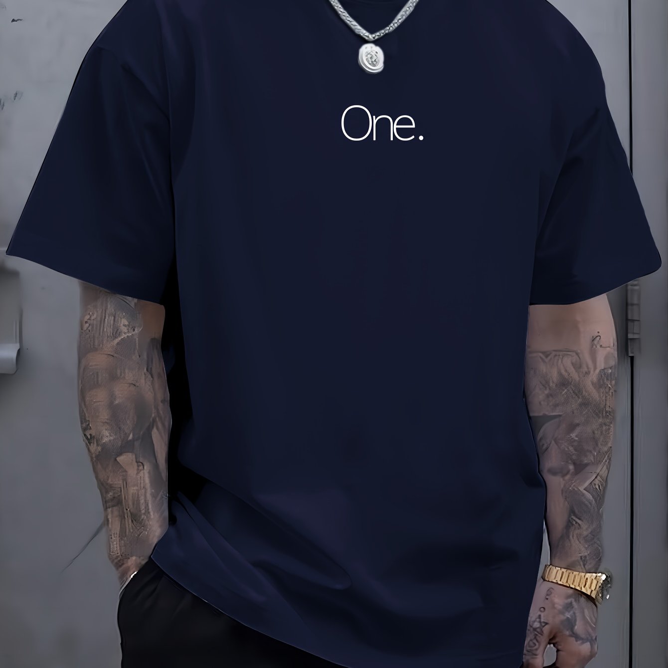 TEMU Men's Big & Tall Casual Short Sleeve T-shirt - Geometric Print Round Neck, Breathable Fabric, Machine Washable, Regular Fit For Outdoor & Casual