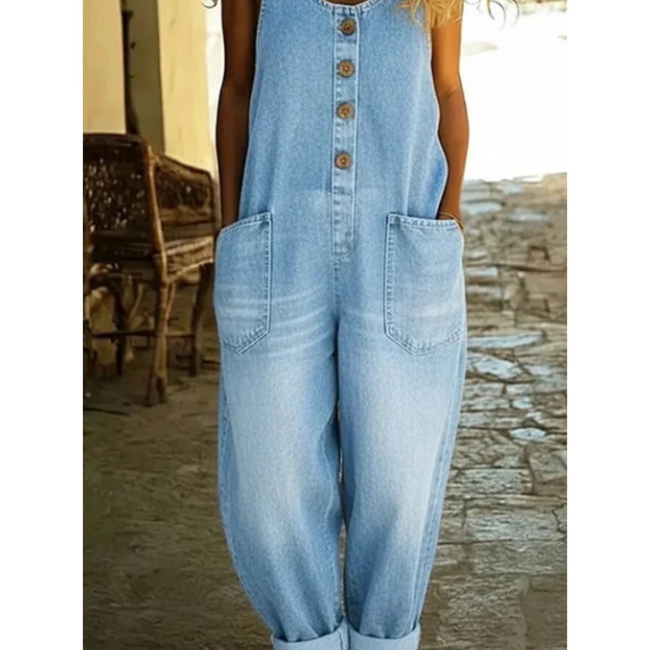 Image of Denim Overalls For Women Loose Fit, Wide Leg Bib Jumpsuit Baggy Jean Overalls With Pockets Casual Suspender Pants