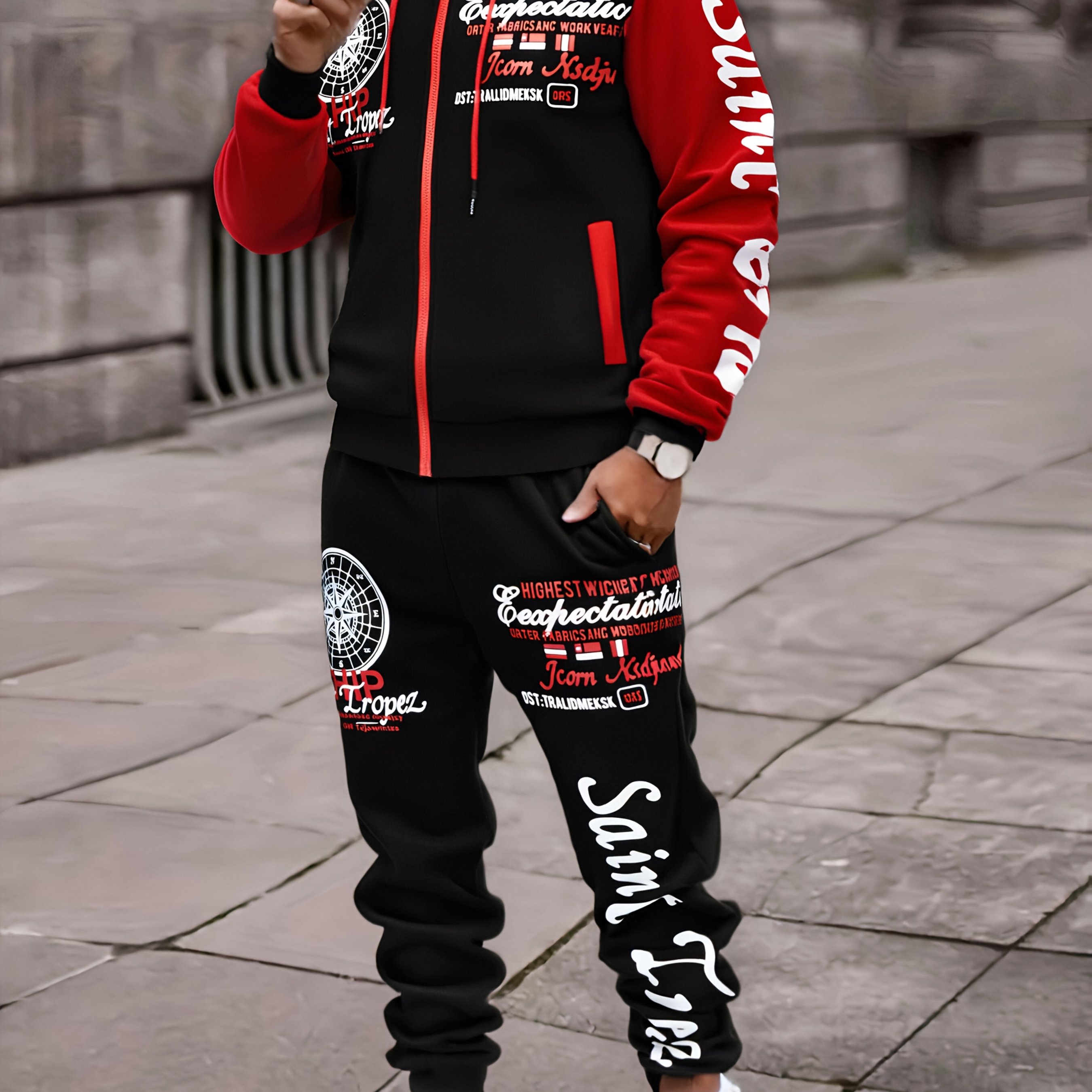 Urban Streetwear Men's Pullover Hoodie Outfit - Print Sweatshirt And Pants Combo