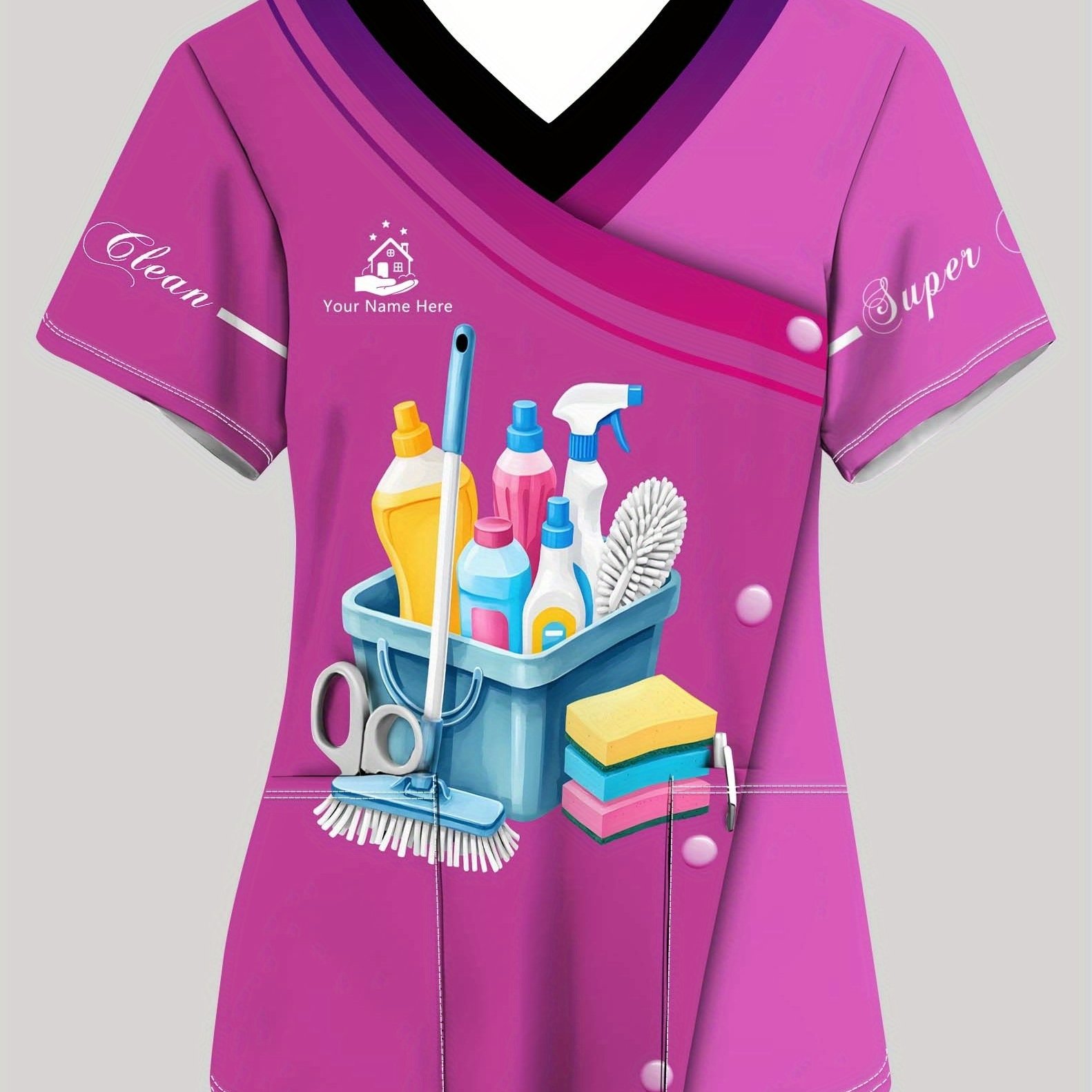 TEMU T-shirt da lavoro con e scollo a personalizzato, divisa per lavanderia, e , corta con stampa lavanderia, traspirante, top da infermiera con