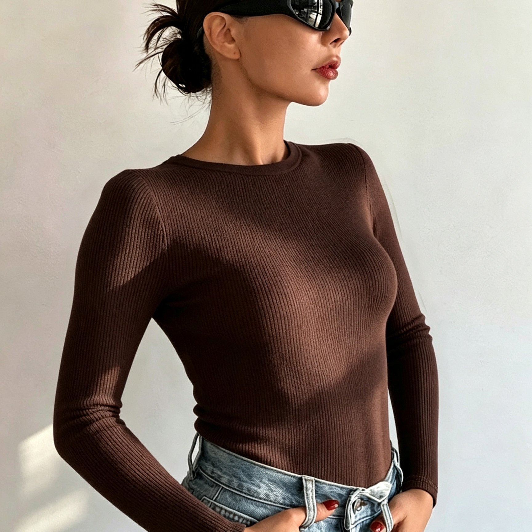 TEMU Damen Langarm-Top in Uni-Farbe, Rundhals-geripptes eng anliegendes T-Shirt, vielseitige Unterlage zum Schichten für Herbst- Winter-Heimkleidung