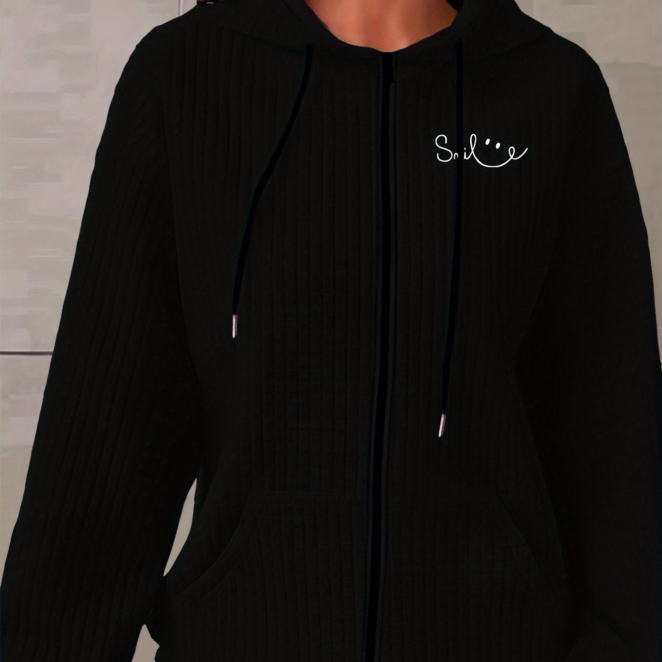 TEMU Striped Letter Print Zipper Drawstring Waffle Texture Hooded Open Front Long Sleeve Pocket Women's Casual Jacket