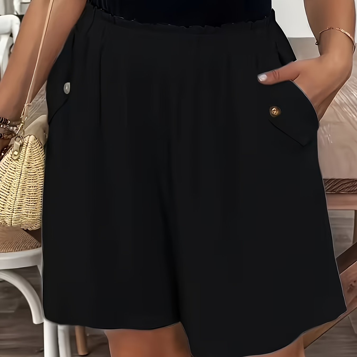TEMU Plus Size, Women's Elegant Wide-leg Non-stretch Shorts - Solid Color Casual Formal Shorts With Pockets, Wrinkle-resistant Straight Leg Button