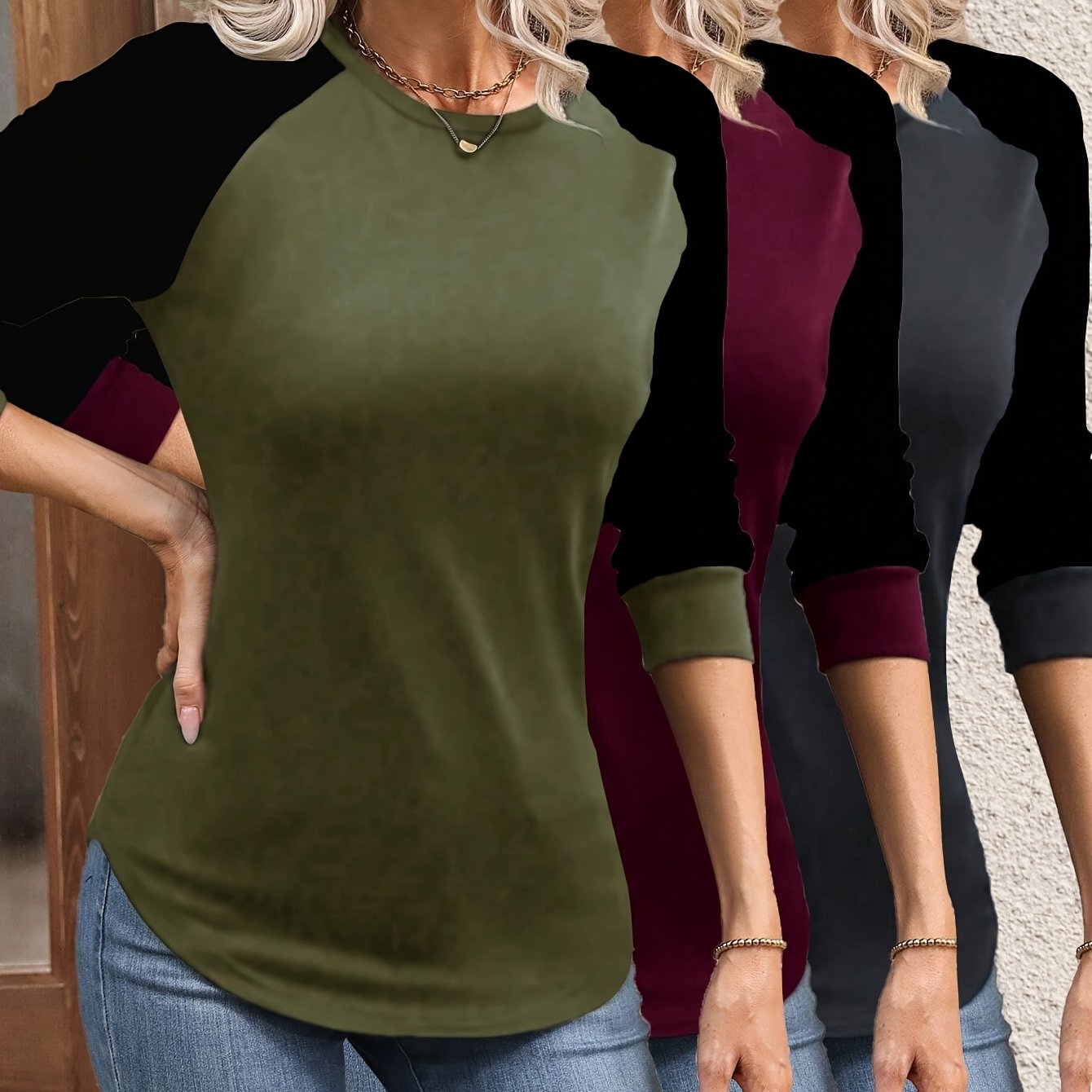 Image of Women's 3pcs Color Block Raglan Sleeve Long-sleeved Slim- T-shirt, Casual Autumn And Winter Style
