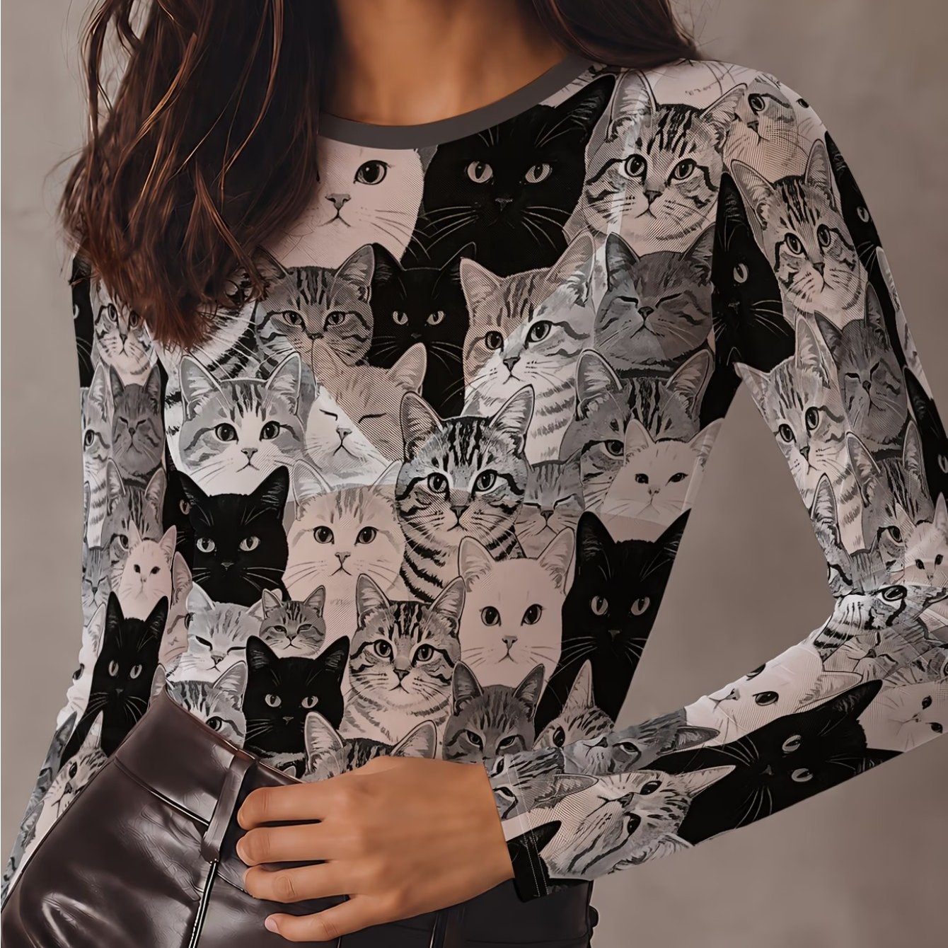 TEMU White Background Gray Black Cat Collage Pattern Women's Long Sleeve Mesh Printed Fashion T-shirt
