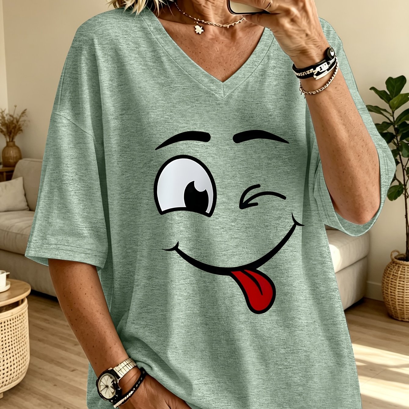 TEMU Plus Size Women's Oversized Tongue Out Smiling Cartoon Print V-neck Short Sleeve T-shirt, Fun Style Loose Top, Spring Summer Casual Commute