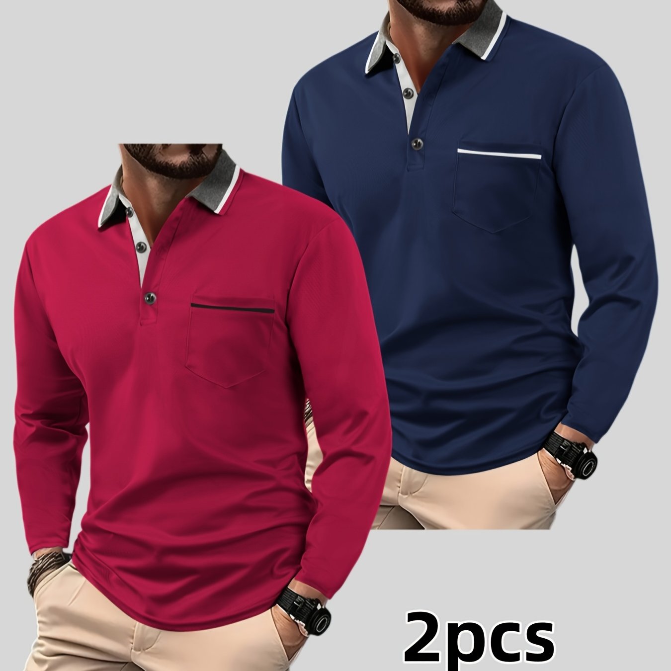E-shop Zweiteiliges Herren Freizeitmode Einfarbiges Langarm Polo Shirt Geeignet für Alle Jahreszeiten Design Golf T-Shirt