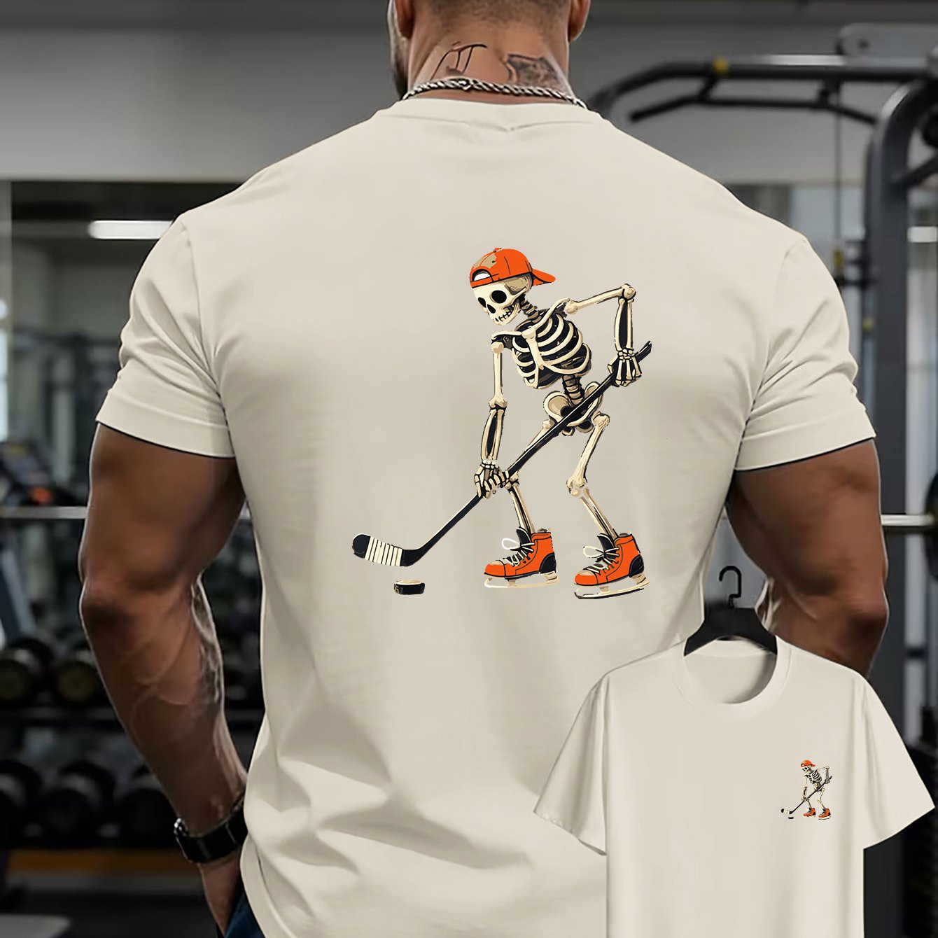 TEMU Men's Ice Hockey Skull Print T-shirt - Double-sided Hockey, Breathable Short Sleeve Round Neck Casual Streetwear Top Suitable For Sports, Gifts,