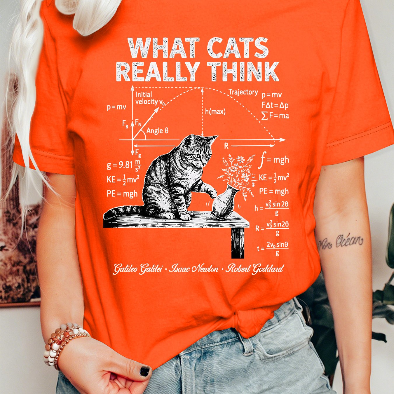 TEMU 2026 New Summer Autumn Women's Wear What Cats Really Physics Formula Naughty Kitten Retro Print Round Neck Short Sleeve T-shirt Sports Casual