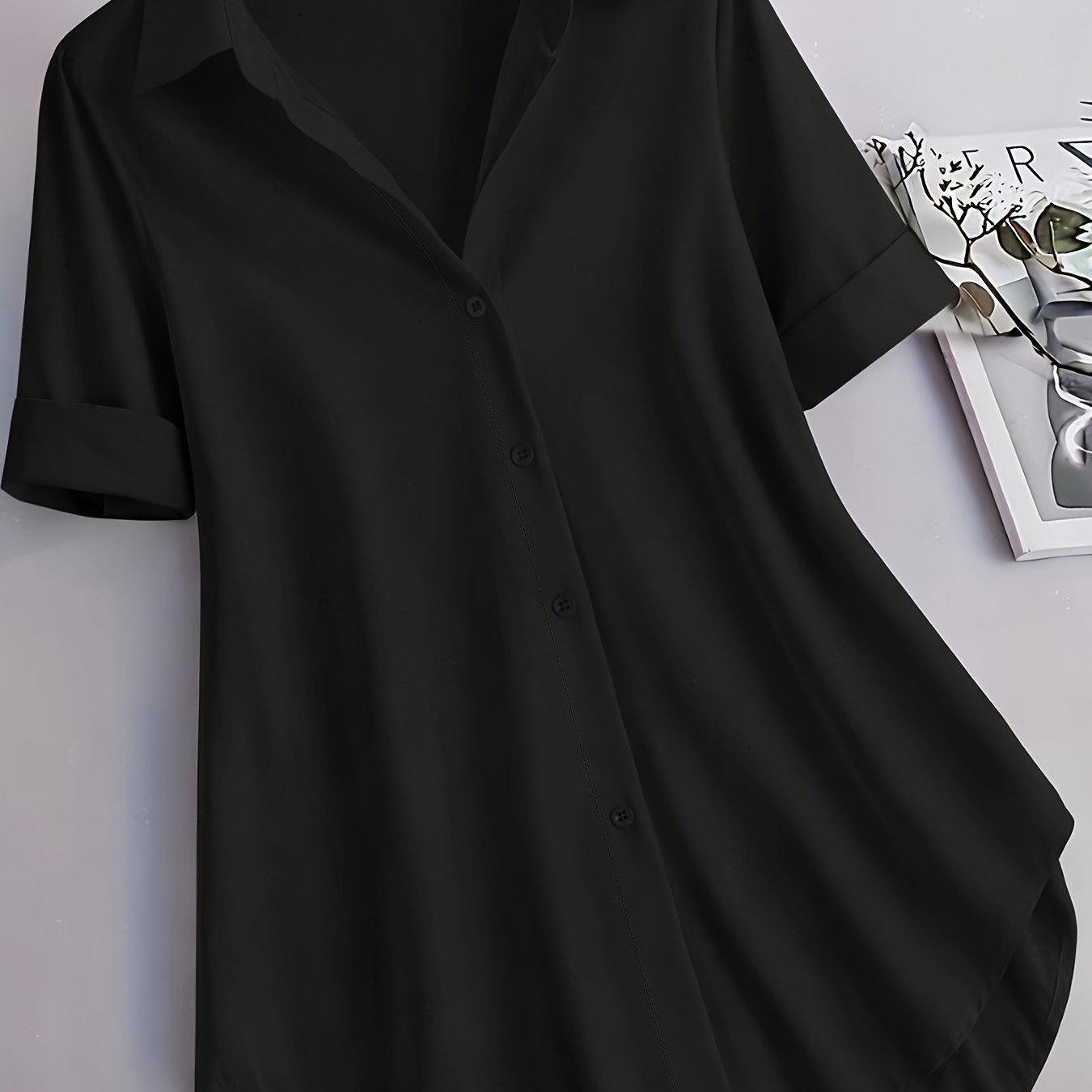 TEMU Plus Size, Plus Size Women' Color Short Sleeve Shirt, Solid Color Button- Lapel Open Front Elegant Shirt For Summer Daily And Vacation Wear