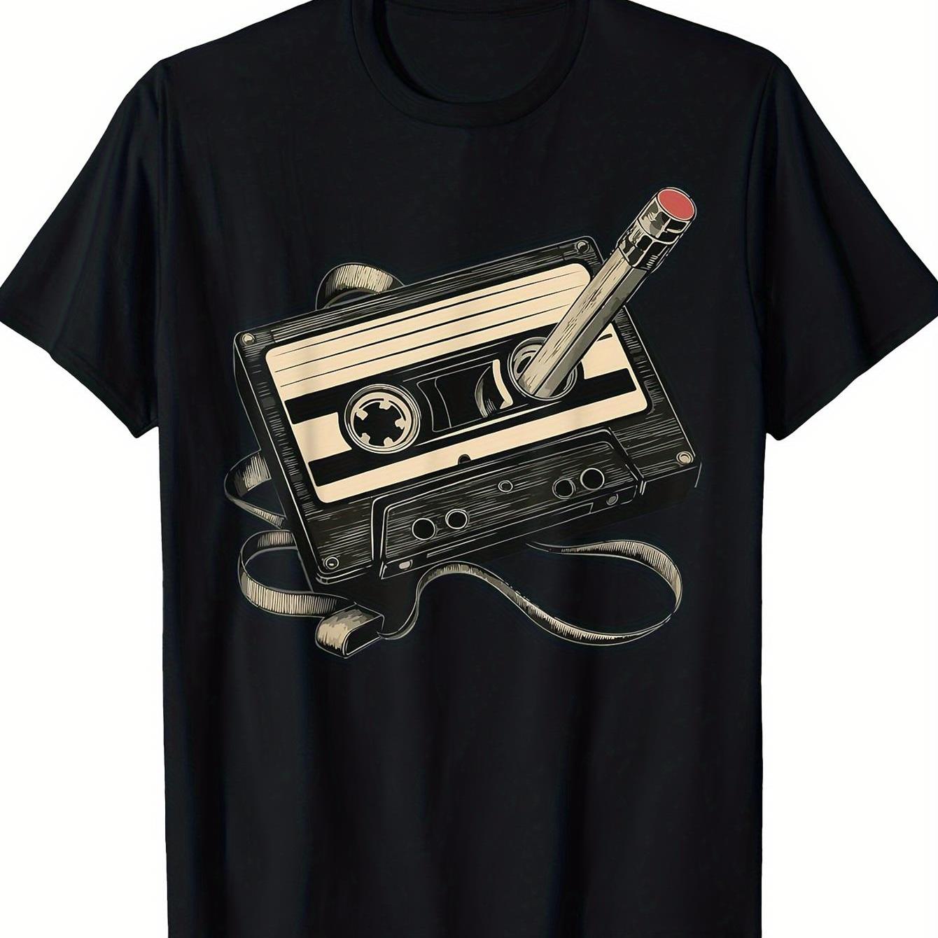 TEMU Vintage Style With Red Accents - Men's Nostalgic Cassette Tape And Pencil Print T-shirt - Regular Fit Spring Summer Autumn Casual Shirt - For
