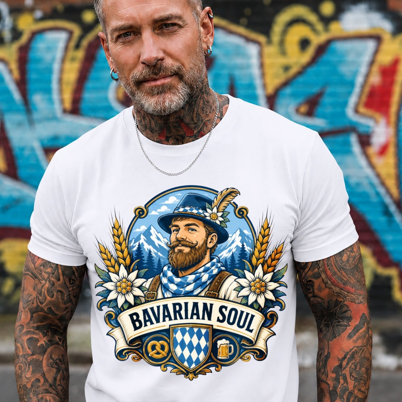 Image of Soul T-shirt Alpine Man Portrait With Wheat Pretzel Beer Mug And Blue Diamond Men's T-shirt