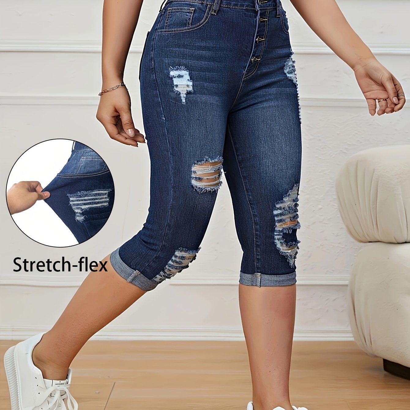 And -waisted Ripped Jeans For Plus-size Women, Featuring A Versatile Color- And Cropped Rolled