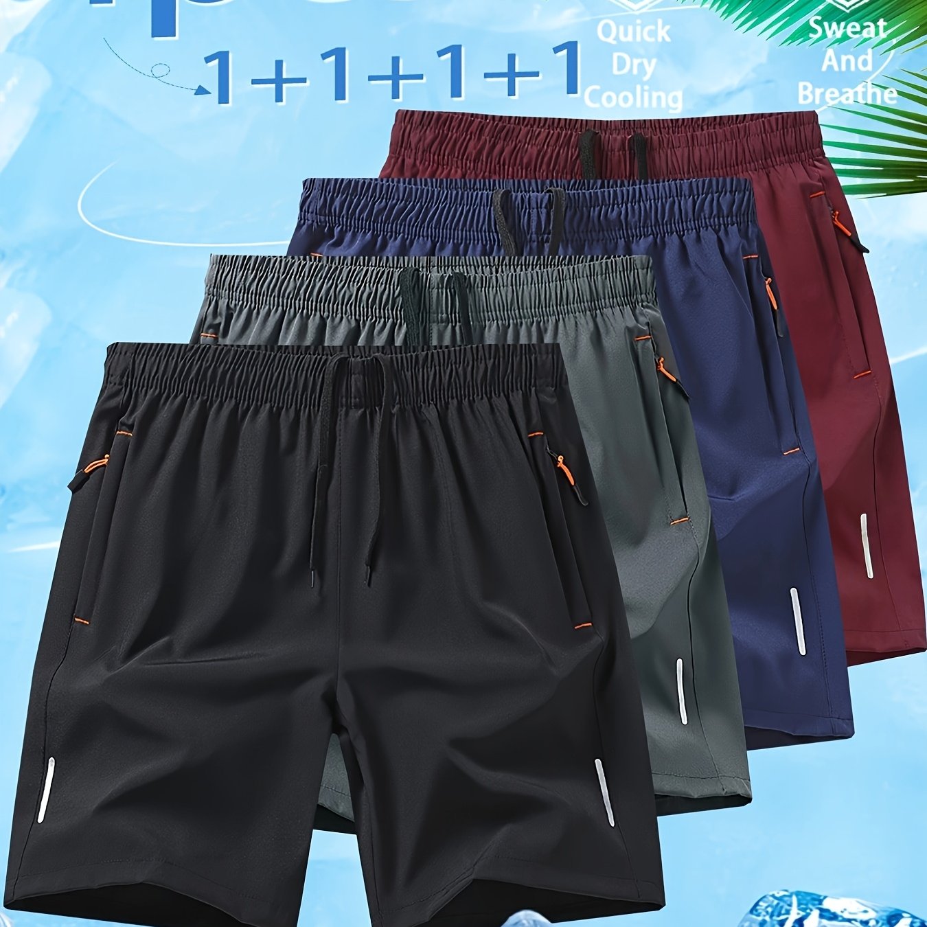 TEMU 4pcs, New Summer , Unisex Summer Cooling Quick-dry Shorts With Dual Zipper Side Pockets And Comfortable Fabric, Multiple Colors And Combinations
