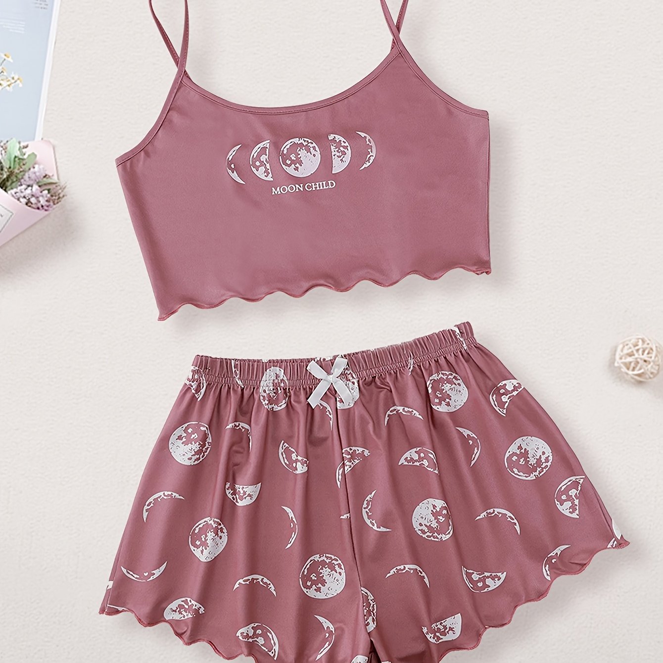 E-shop Damen Pyjama Set Weste und Shorts Rosa Mond und Stern Print Sommer Weich und Bequem Freizeit