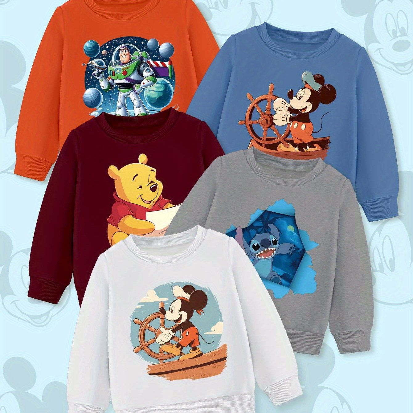 TEMU 5 Stück, Disney Crew Neck Sweatshirts, Stitch, , Winnie the , Musterdruck, Langarm-Sweatshirts, Jungenkleidung, Geeignet für Jungen Geschenke