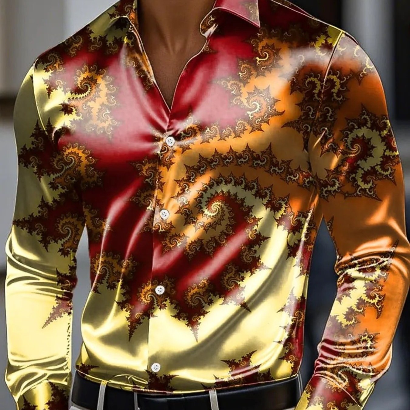 A Shirt Featuring A Red And Yellow Pattern That Transitions Gradually, With A On A Base Color That Subtly. Material Exudes A Feel