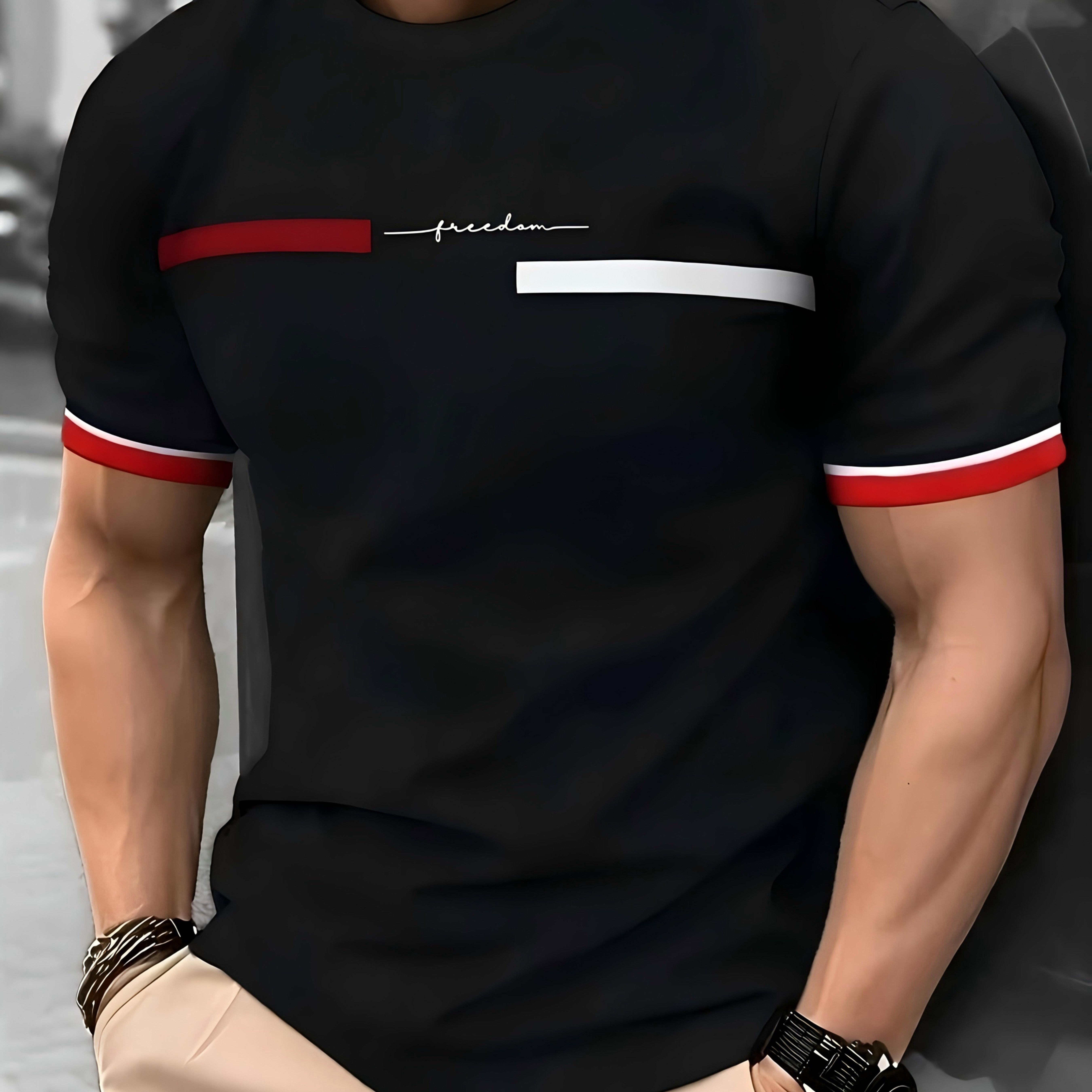 TEMU Men's Casual Easy Short-sleeve T-shirt - Features A Unique Striped Design At The Cuffs, Perfect For A Sporty And Relaxed Style, Comfortable And