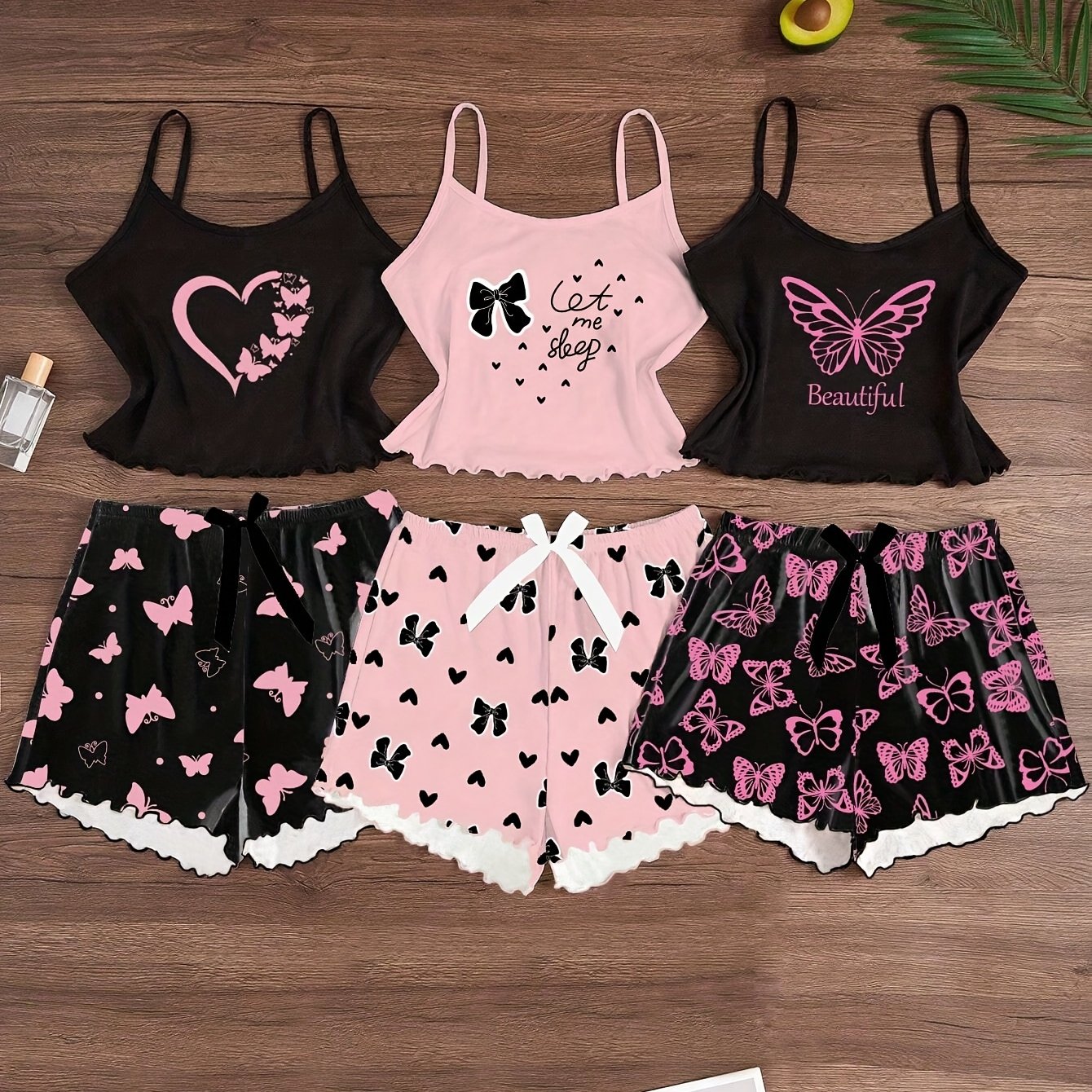 E-shop 3-teiliges Cartoon-Print Cami und Shorts Pyjama-Set, lässiges Sommer-Outfit