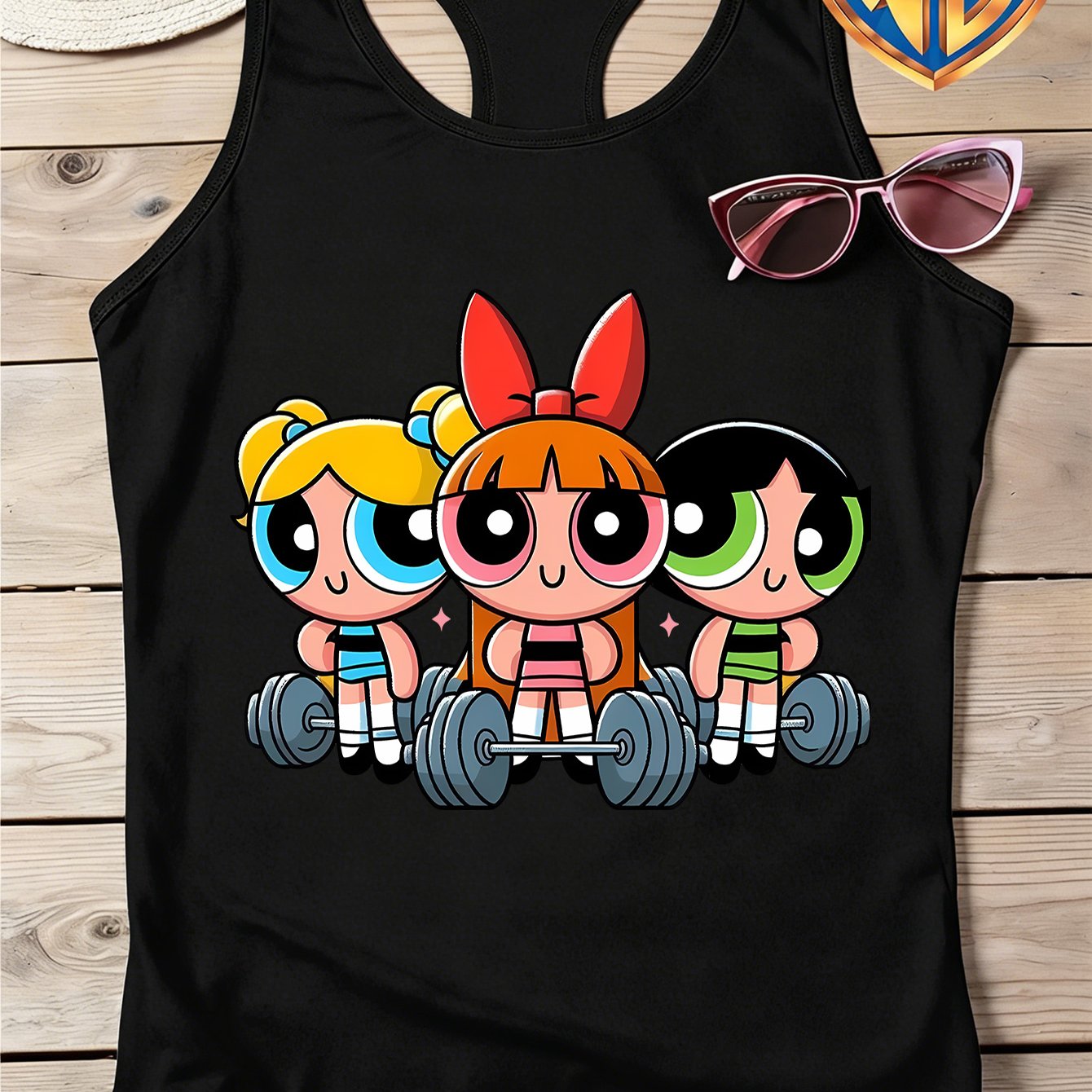 TEMU Warner . Officially Licensed, And Summer Women's Crew Neck Tank Top, The Powerpuff Trio Lifting Barbell Print, Easy And Stylish, Y2k Style,