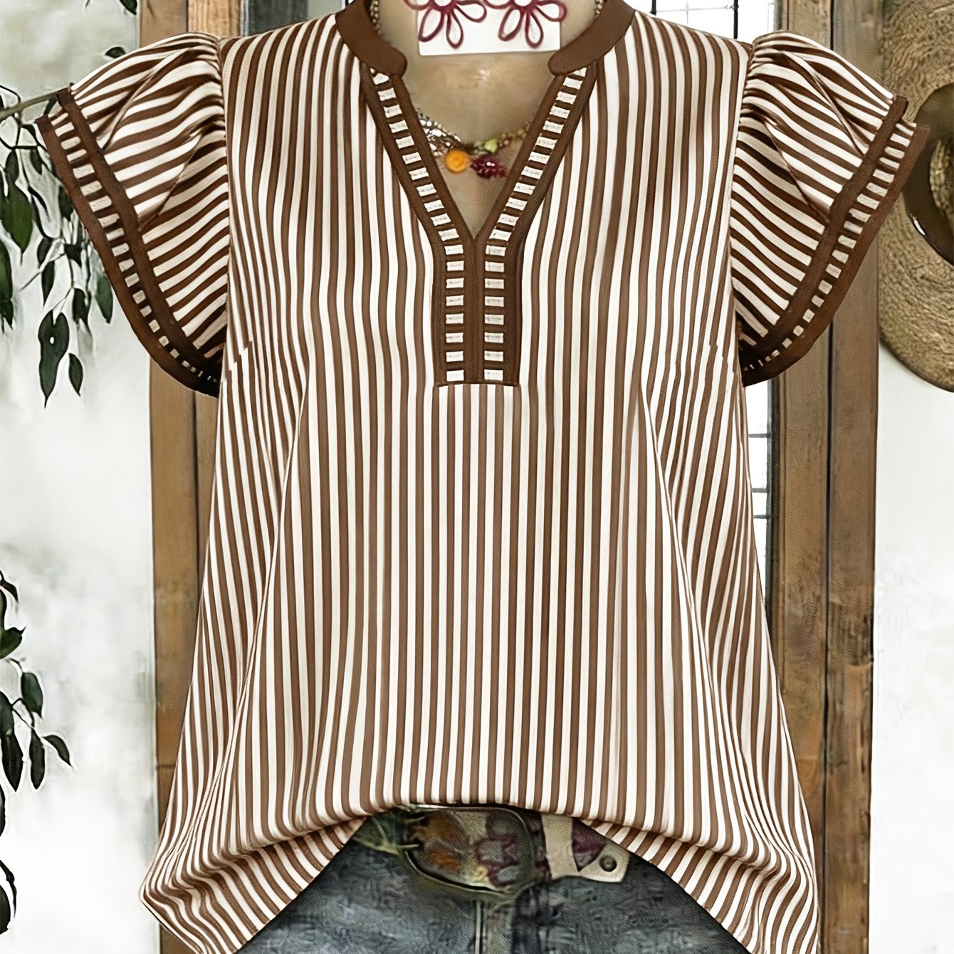 TEMU Women's Casual Striped V-neck Color-block Short Sleeve Top Shirt, Suitable For Spring Summer Fall