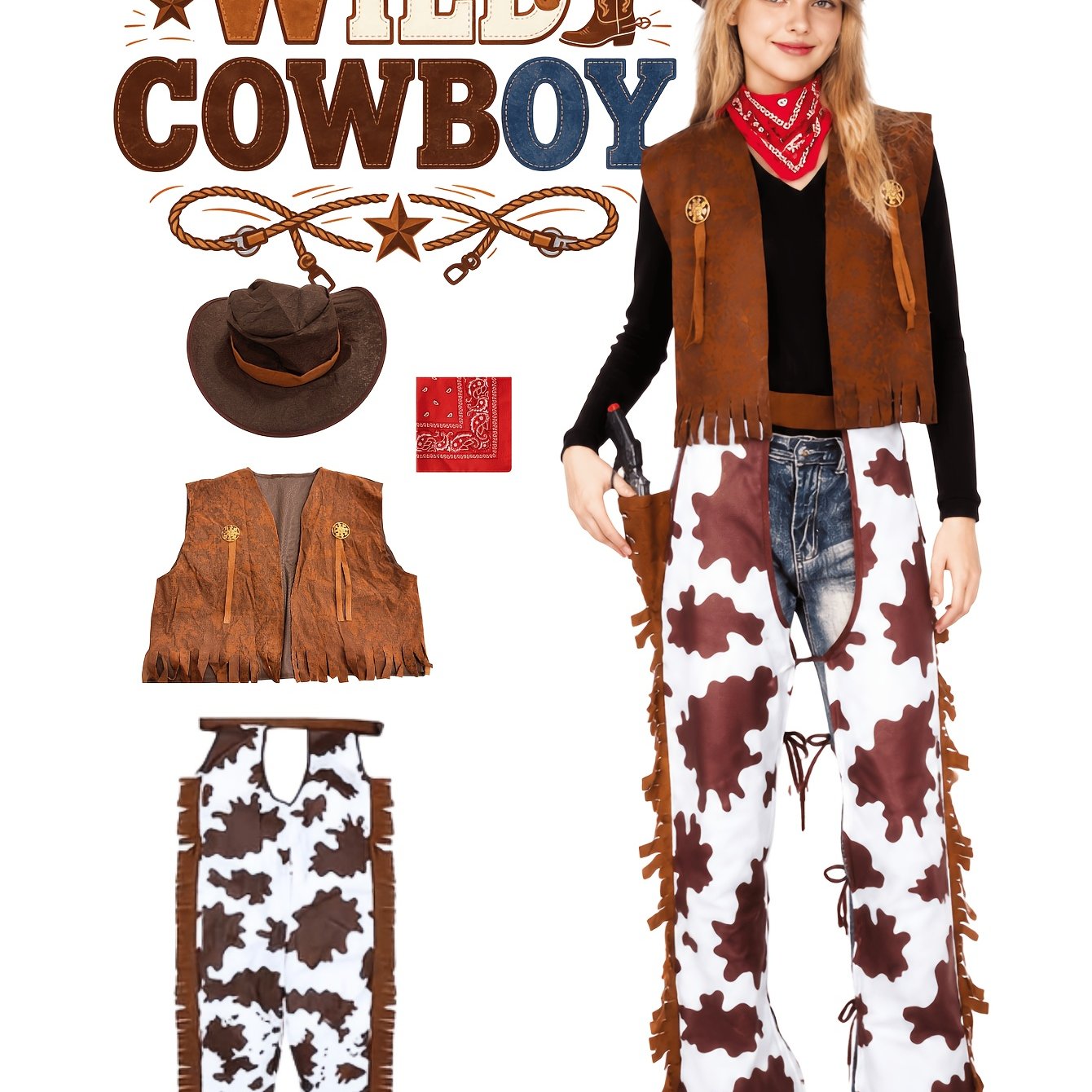 TEMU 4pcs Hippie Western-style Denim Women's Set, Including Denim Printed Pants, Tank Top, Hat, And Headscarf, Ideal For Halloween Cosplay And Wild