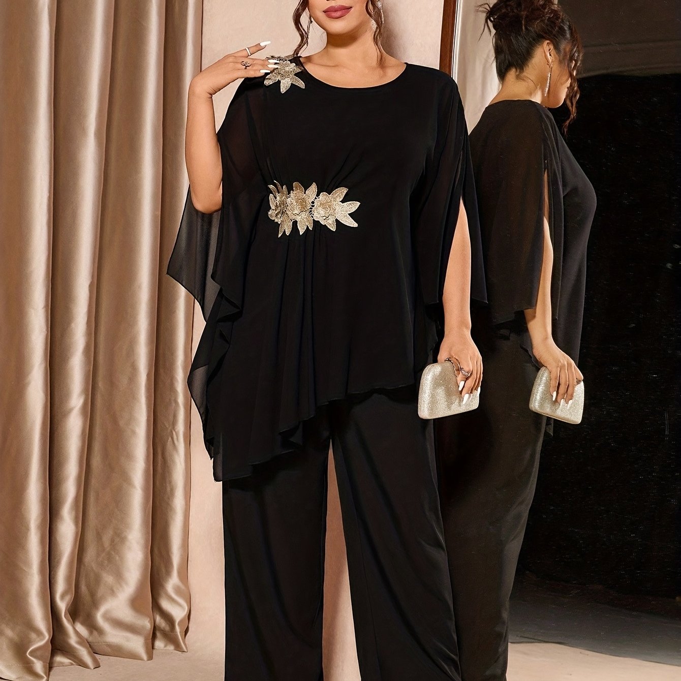 E-shop Plus Size - Plus Size - Plus Size Damen 2-teiliges Set - Asymmetrisches Saum-Blumenoberteil und lockere Hose, elegantes Party-Outfit für Damen