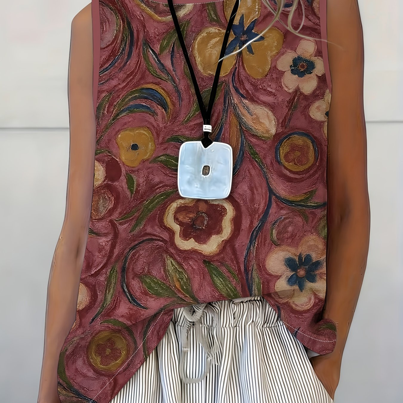 TEMU Ethnic Style Printed Sleeveless Top Women's Summer Loose Breathable Vest Retro Trendy Women's Clothing