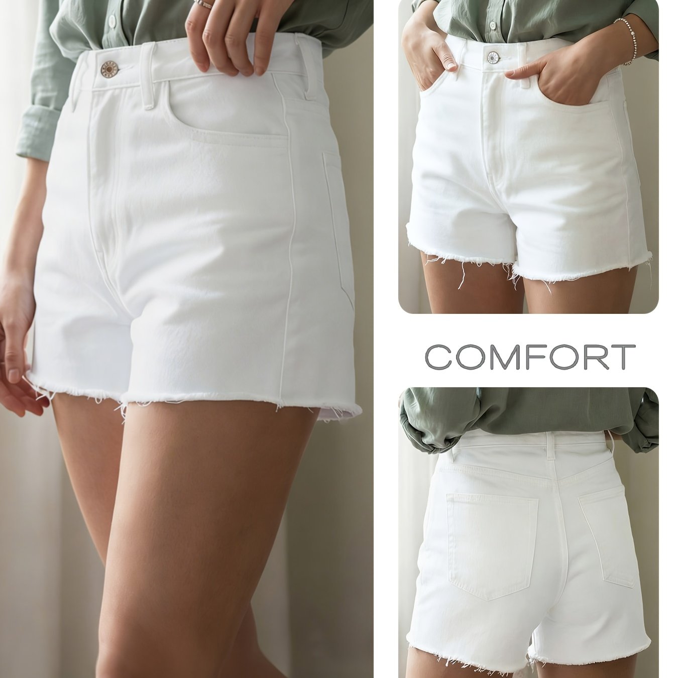 Image of Ladies' Denim 2026 New Solid Color Denim Shorts, Classic White -hem Casual Denim Shorts, Fashionable And Elegant Shorts, High-waist , Slim Fit, Perfect For And Dating