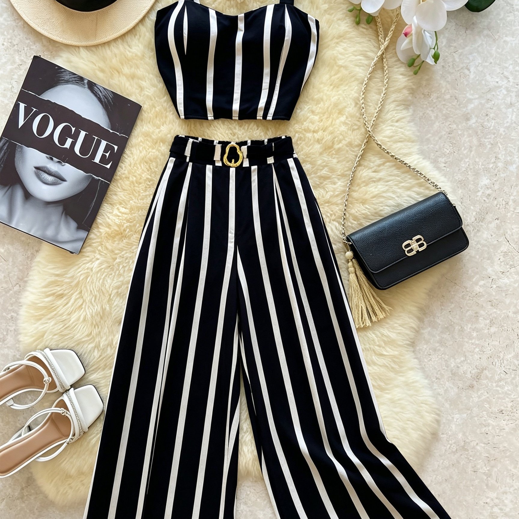 TEMU Exquisite Striped Women'-piece Outfit For Seaside Vacations, The Set Of A Sleeveless Camisole And High-waist Wide-leg Trousers, Suitable For