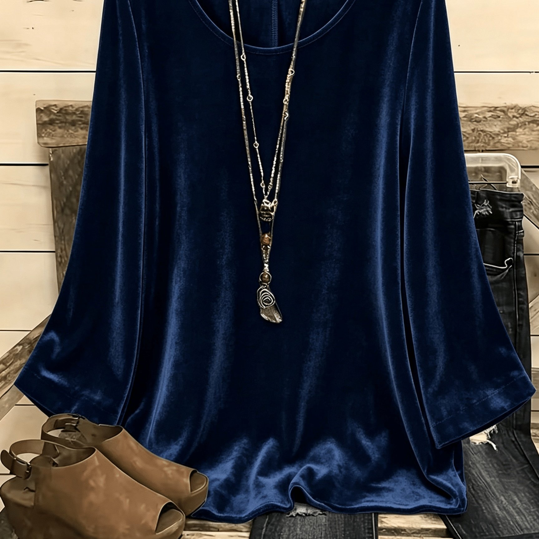 TEMU Plus Size Women's Casual Vacation Solid Color Round Neck Long Sleeve Velvet Shirt (no Additions Included)