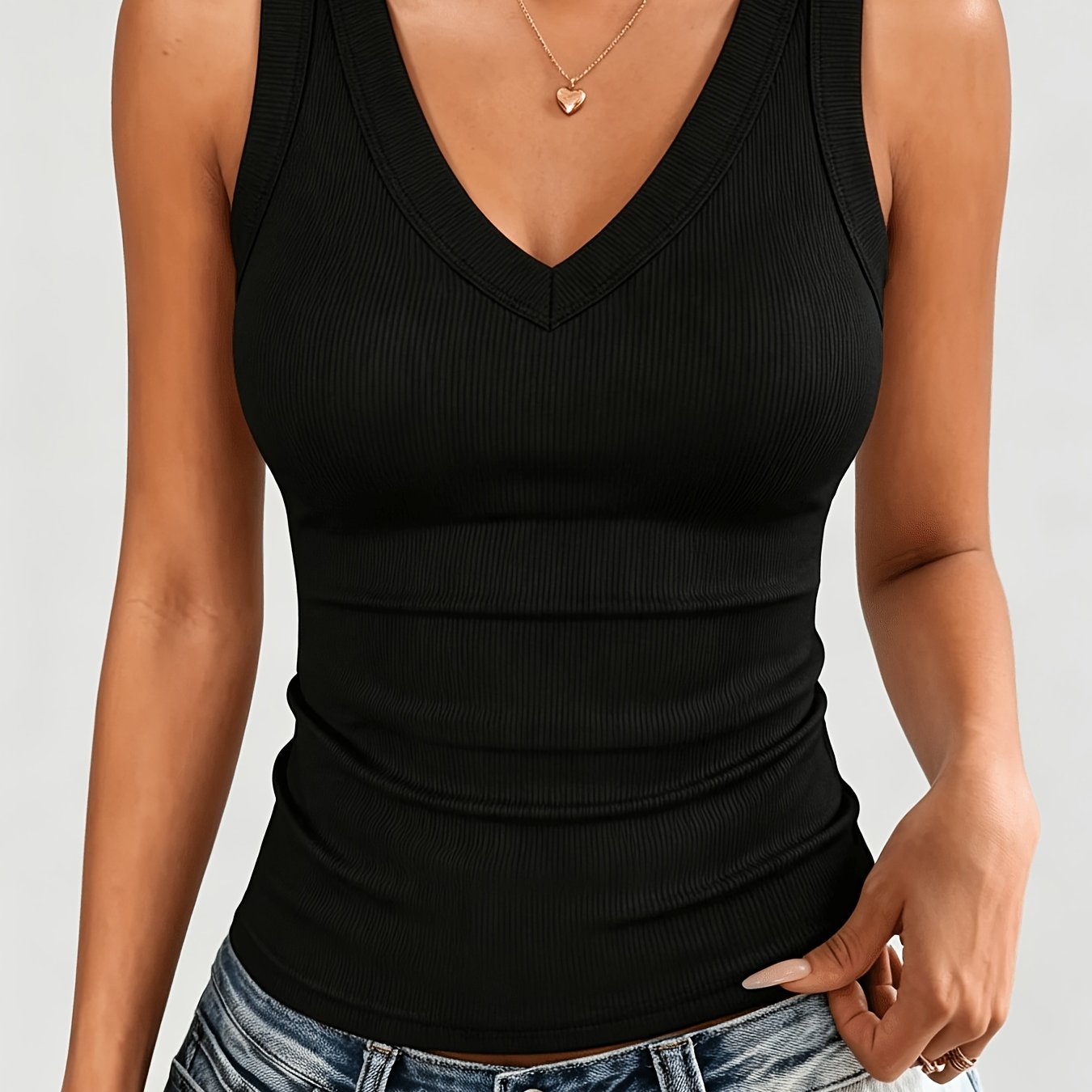TEMU Women's Tank Top, V-neck Ribbed Fitted Sleeveless -shirt, Casual Summer Ladies Top Vest