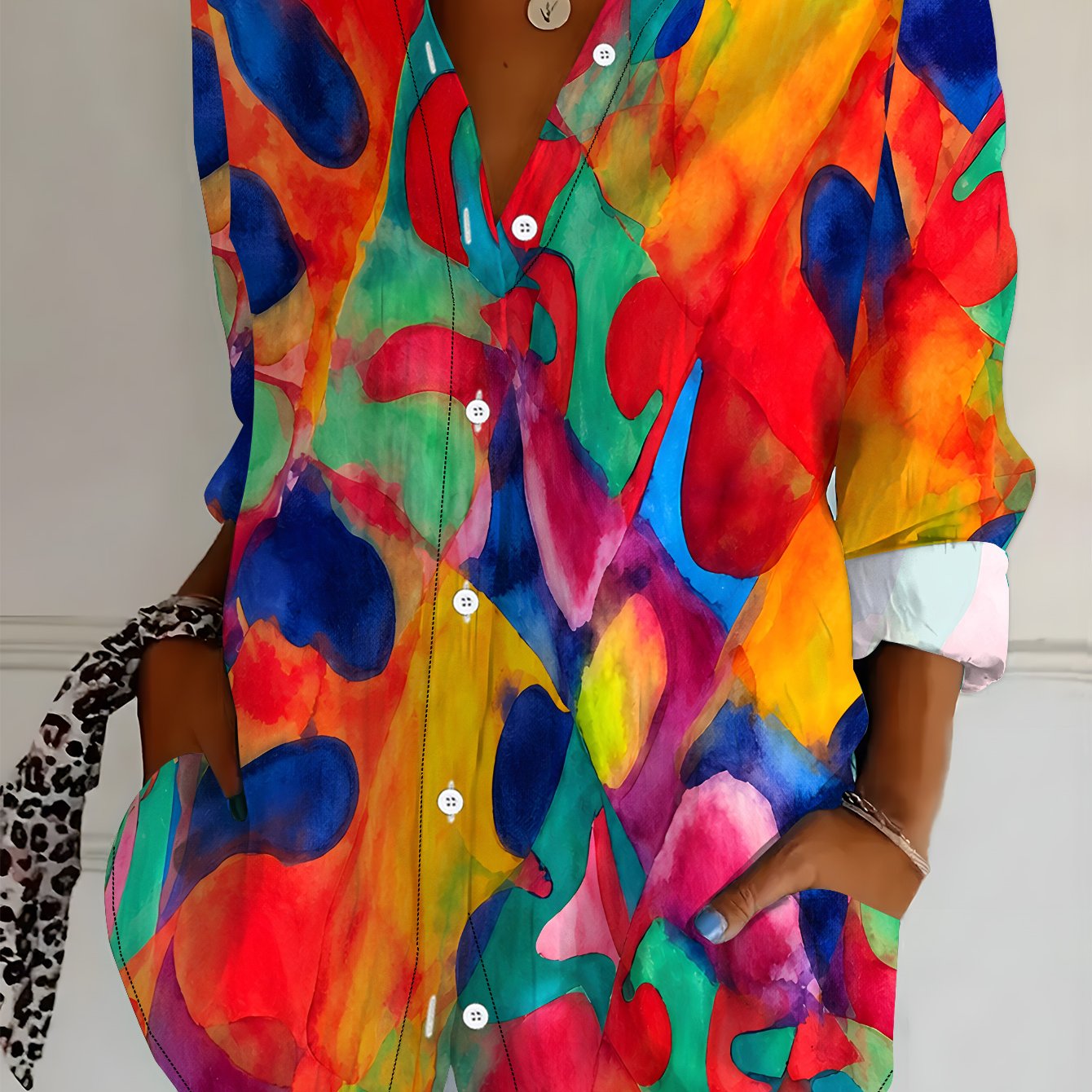 TEMU Plus Size, Plus Size Women's Long Sleeve Shirt, Abstract Print Loose Fit Printed Blouse, Colorful Watercolor Elements, Midi-length Women's Long