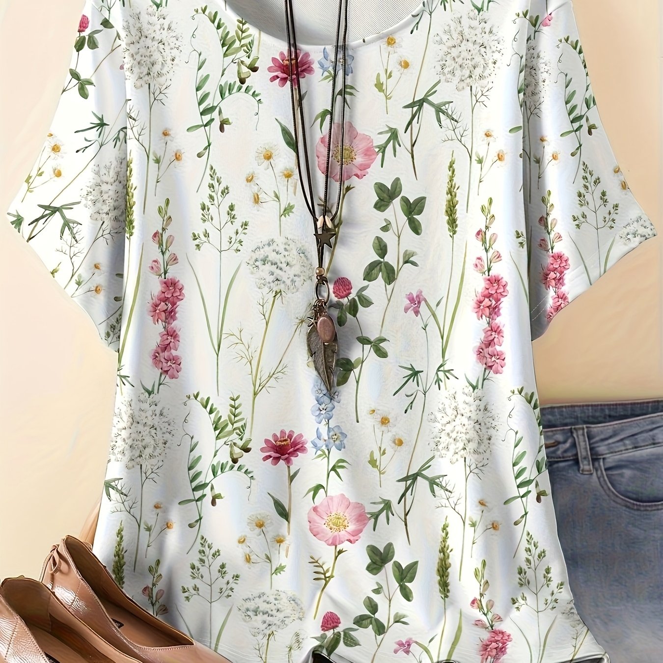 TEMU Women's Floral Print T-shirt - Vibrant Green Flowers On White, Breathable Loose Fit Short Sleeve Round Neck Summer Top, Machine Washable Opaque
