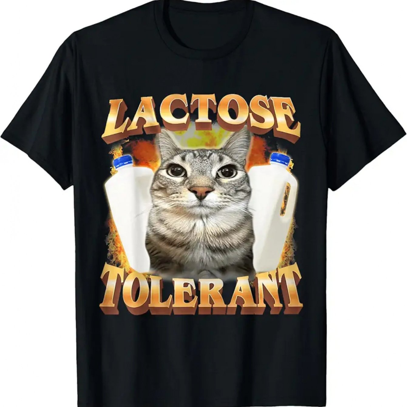 TEMU Men's Vintage 90s Y2k Style Funny -tolerant Cat& Milk Carton Pattern T-shirt- Soft, Breathable, Short-sleeved, Round-neck Casual T-shirt, Cute