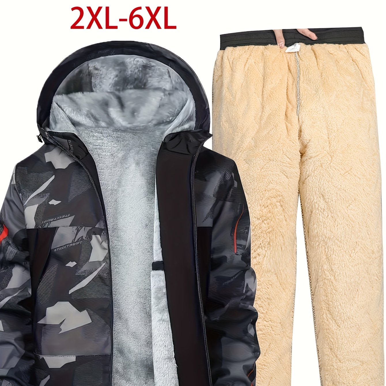 TEMU Men's Plus Size Random Print Fabric Set, Men's Plus Size Thickened -lined Set, Men's Plus Size -lined Jacket, Men's Plus Size -lined Trousers,