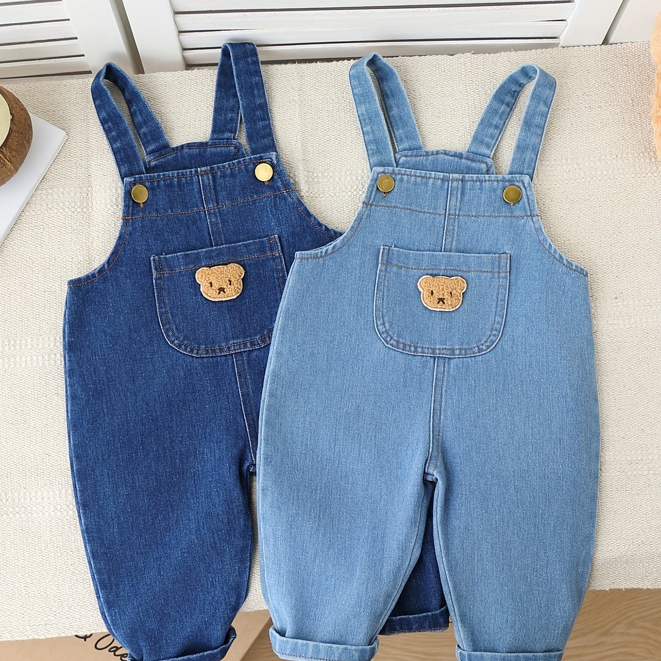 Image of 2pcs Baby Boy Cute Bear Pocket Denim Overalls, Light And Casual Jumpsuit, Ideal For Outdoor Activities