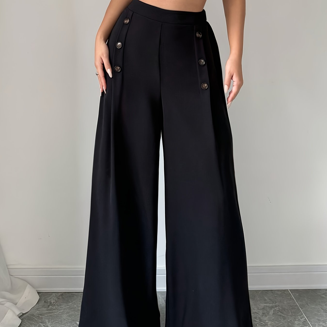 TEMU Side Button Wide Leg Pants, Elegant High Waist Solid Color Loose Pants For Work & Office, Women's Clothing