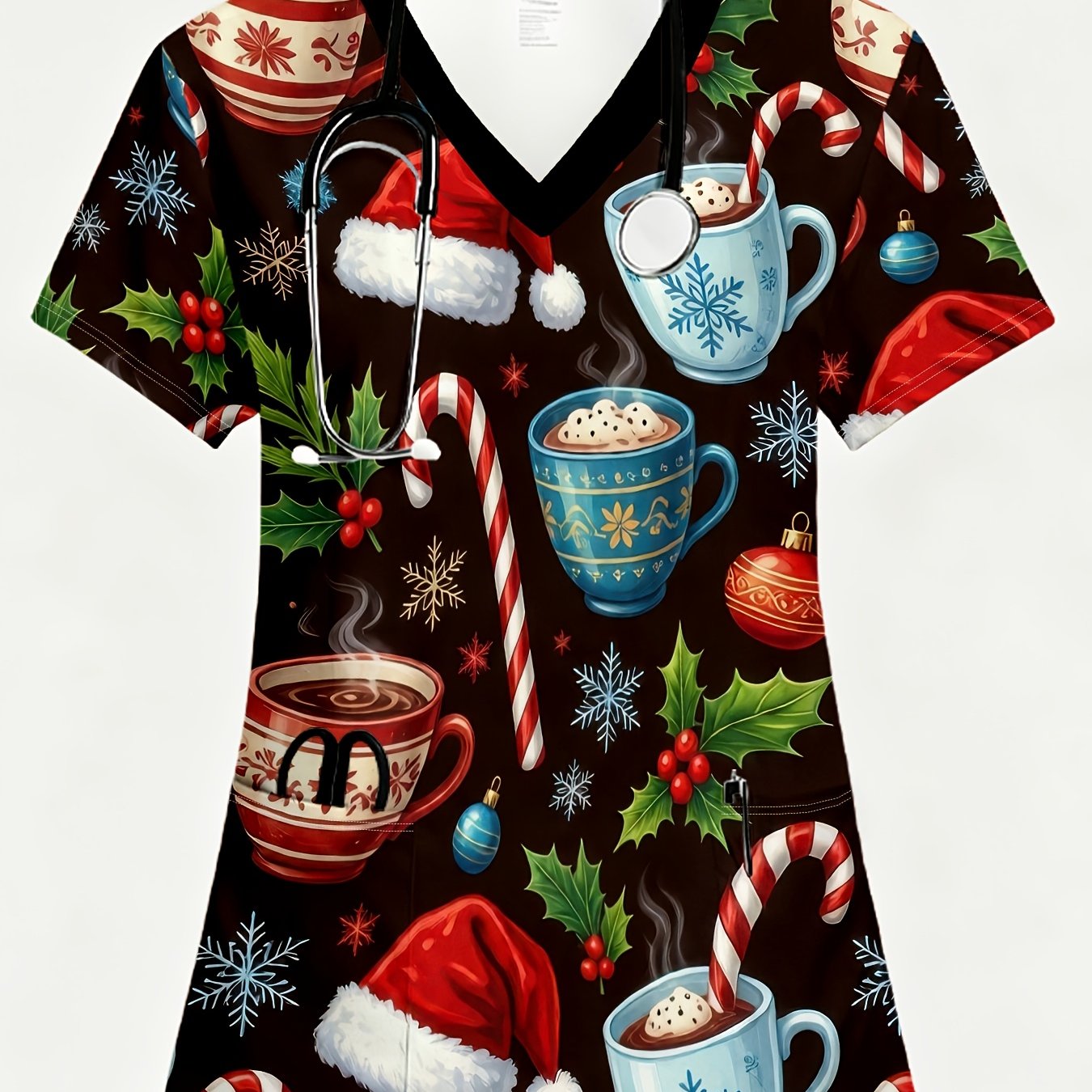 TEMU 1pc Women's Nurse Uniform, Print, , 2-pocket, V-neck, Vintage Christmas Scrub Tops For Women Warm Pattern Scrubs With Candy Cane Santa Hat Print