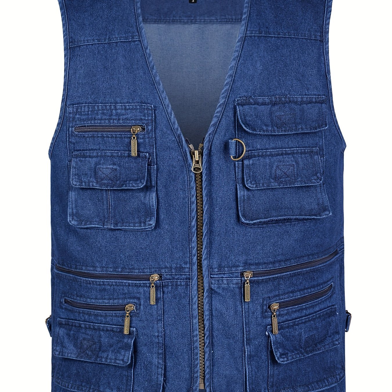 Image of Men's Zipper Multi Pockets Vest, Men's Casual Zip Up Vest For Spring Summer Outdoor Travel Fishing Hunting Photography Utility Work Cargo Vests Denim Blue, Plus Size