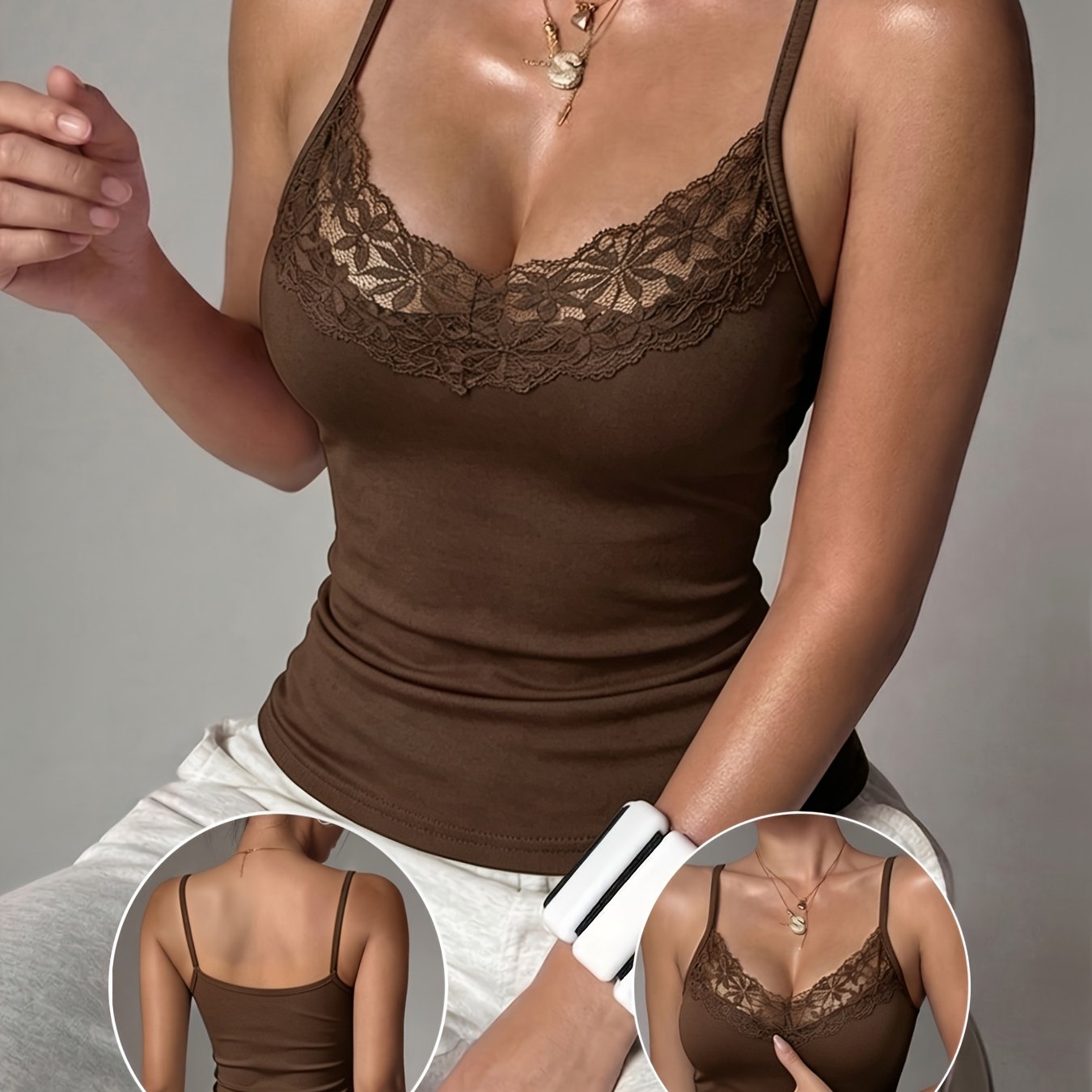 Image of 1pc Lace Cami Top, Sexy Hot Small Cami, Floral Lace Solid Color Top, Wide Strap Design, Delicate Lace, Lightweight Soft Cami, Elegant Slim Fit, Smooth Texture, Fitted Thin Comfortable Women's Lingerie